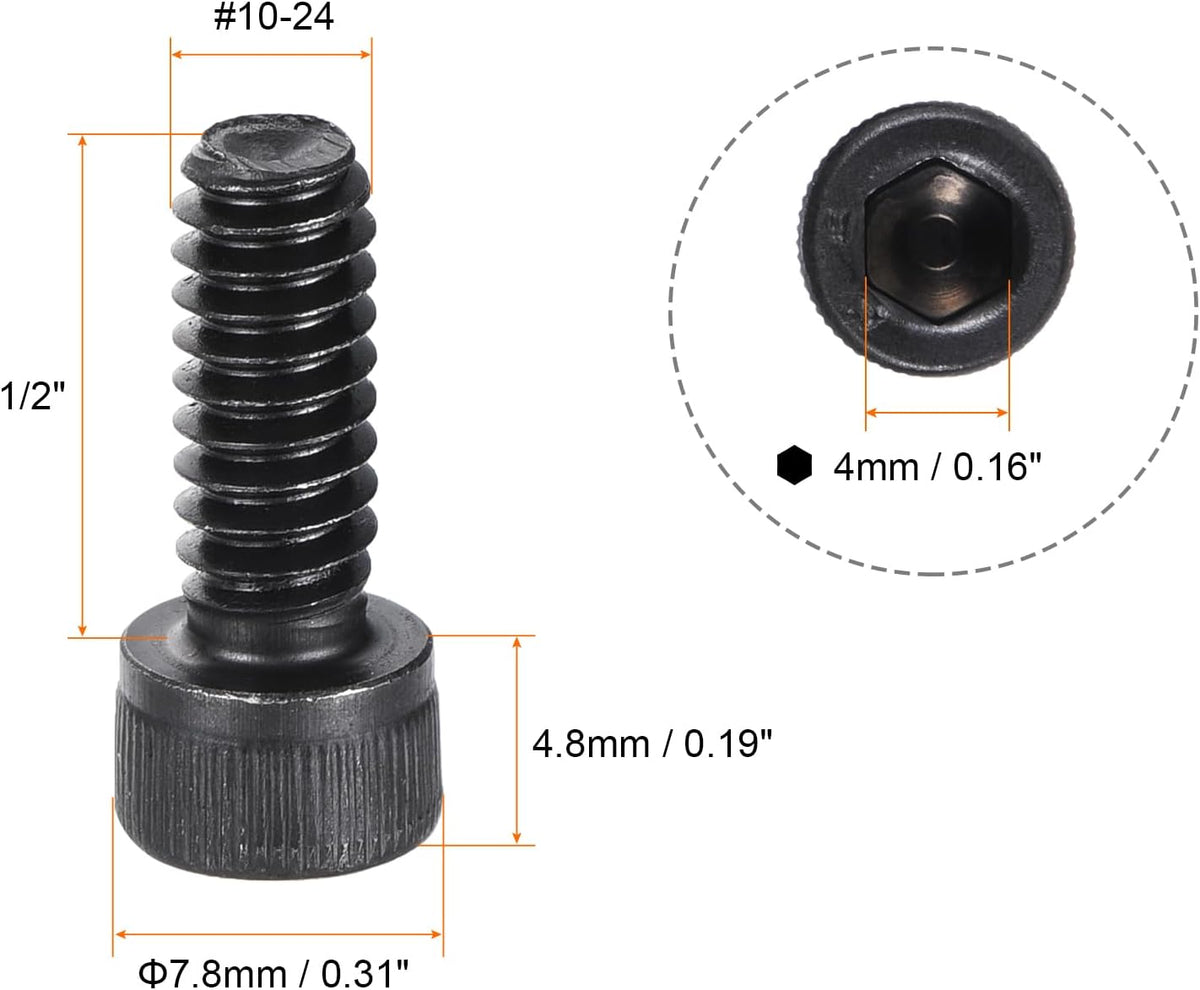 uxcell #10-24x1/2" Hex Socket Head Cap Screw Bolts 12.9 Grade Alloy Steel 25pcs