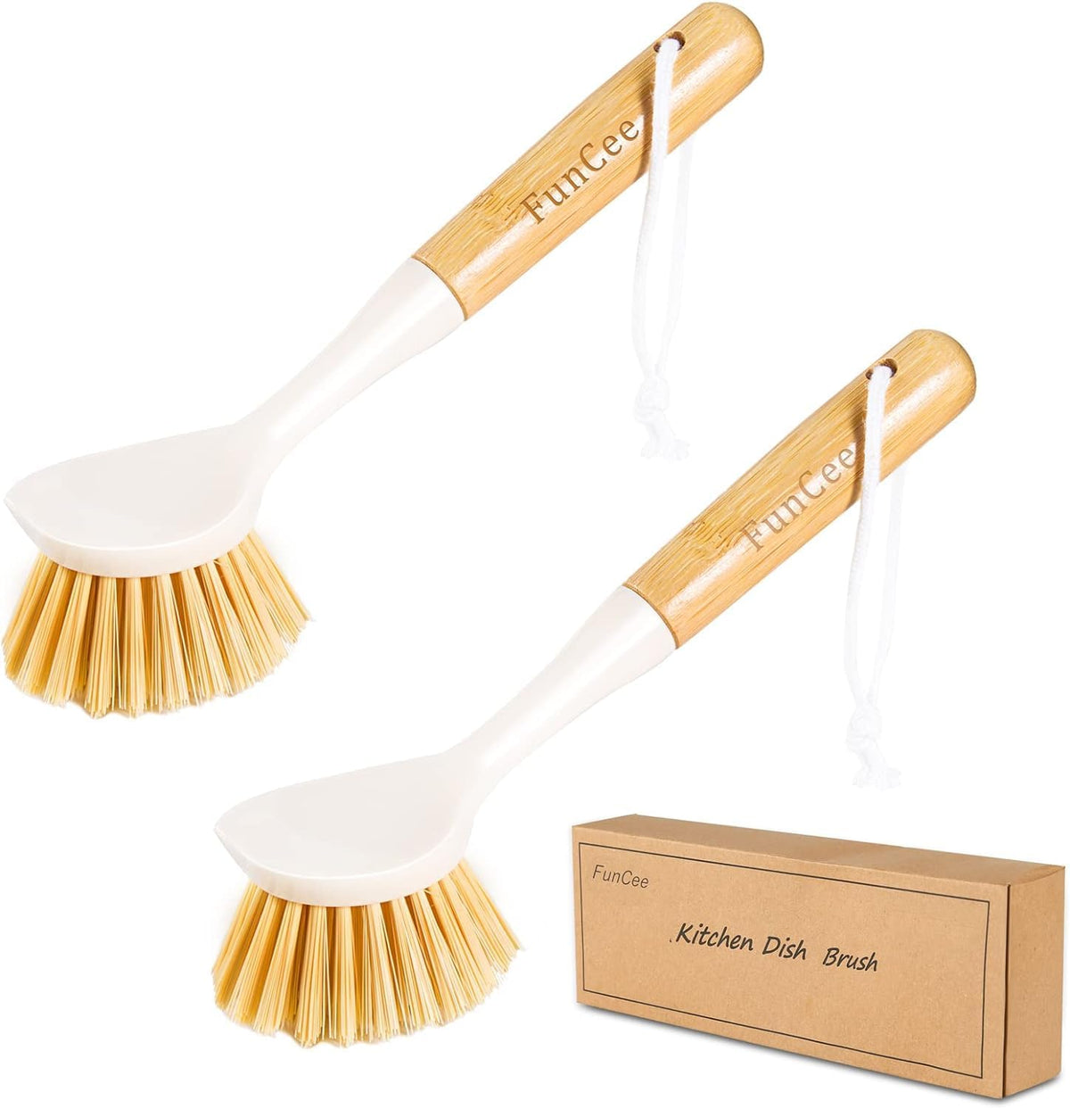 2 Pack Kitchen Dish Brushes with Bamboo Handle, Dish Scrubber Built-in Scraper, Scrub Brush for Pans, Pots, Counter &
