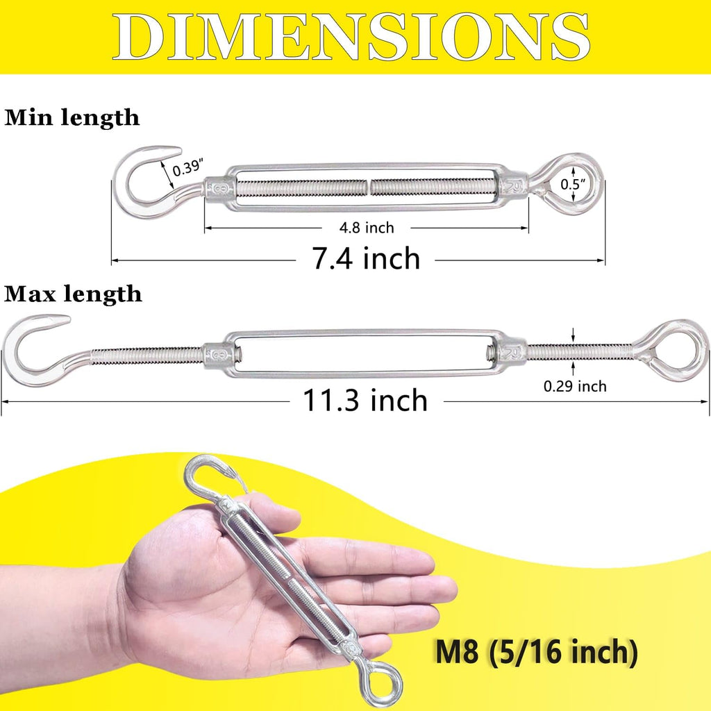 Turnbuckle Lsqurel 10PCS 304 Stainless Steel Turnbuckle Hook and Eye Heavy Duty M4 M6 M8 M10 Tensioner Adjustable