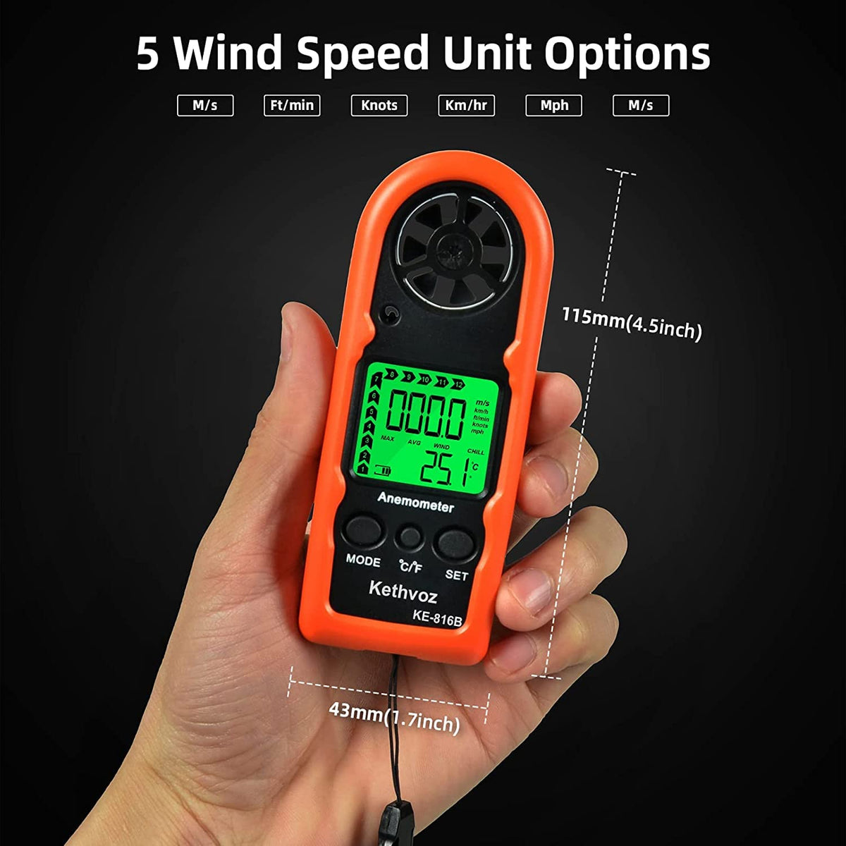 Anemometer Handheld Wind Meter 65mph, Kethvoz Mini Air Velocity Gauge 816B
