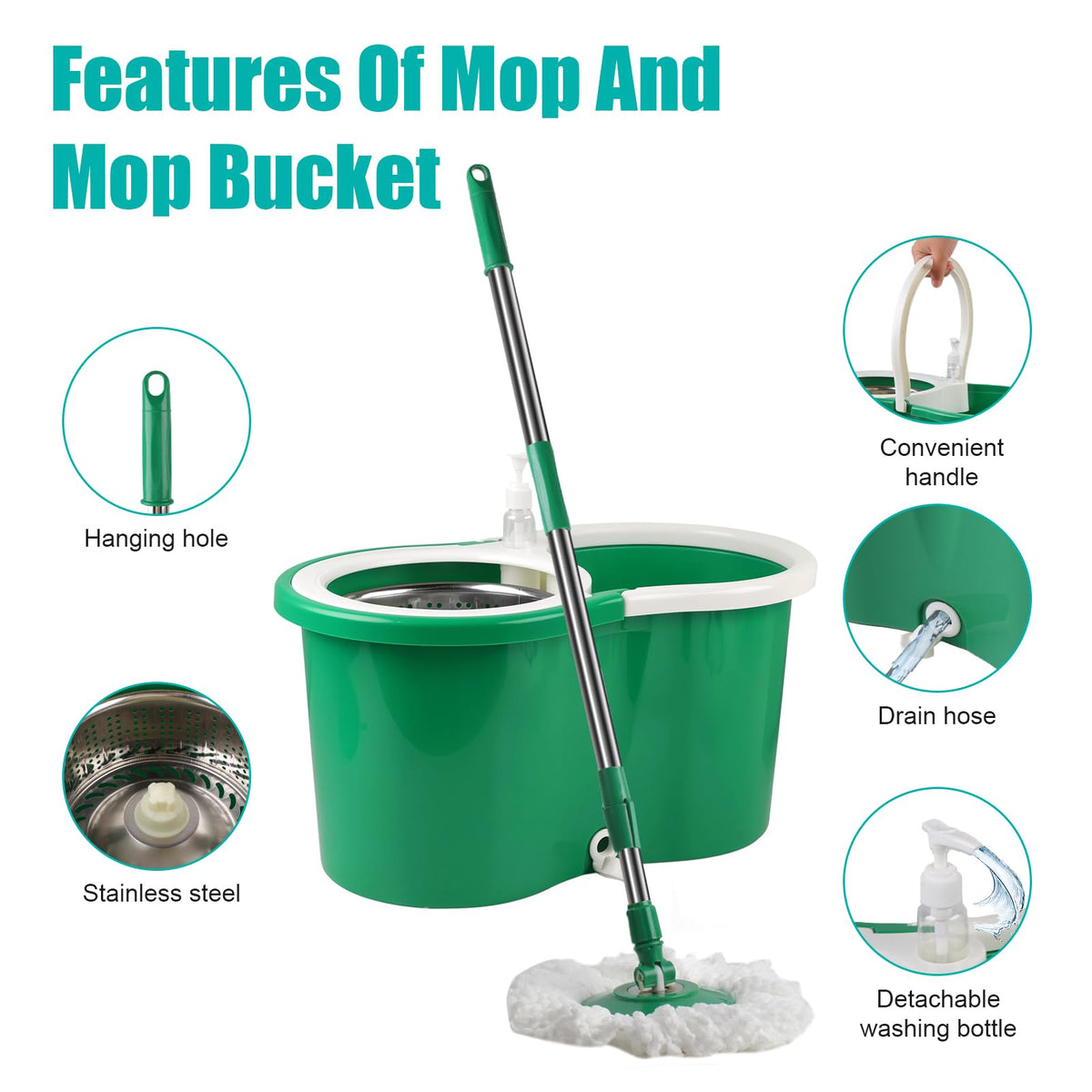 Spin Mop and Bucket with Wringer Set, 3 Microfiber Mop Heads, 61" Handle