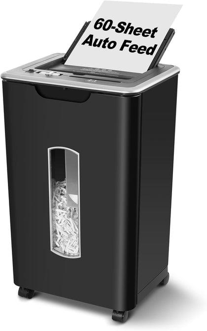 60 Sheets Auto Feed Paper Shredder for Home Office | P-4, 15 Mins Runtime, 5.8 gal, Heavy Duty, Shreds CDs & Credit