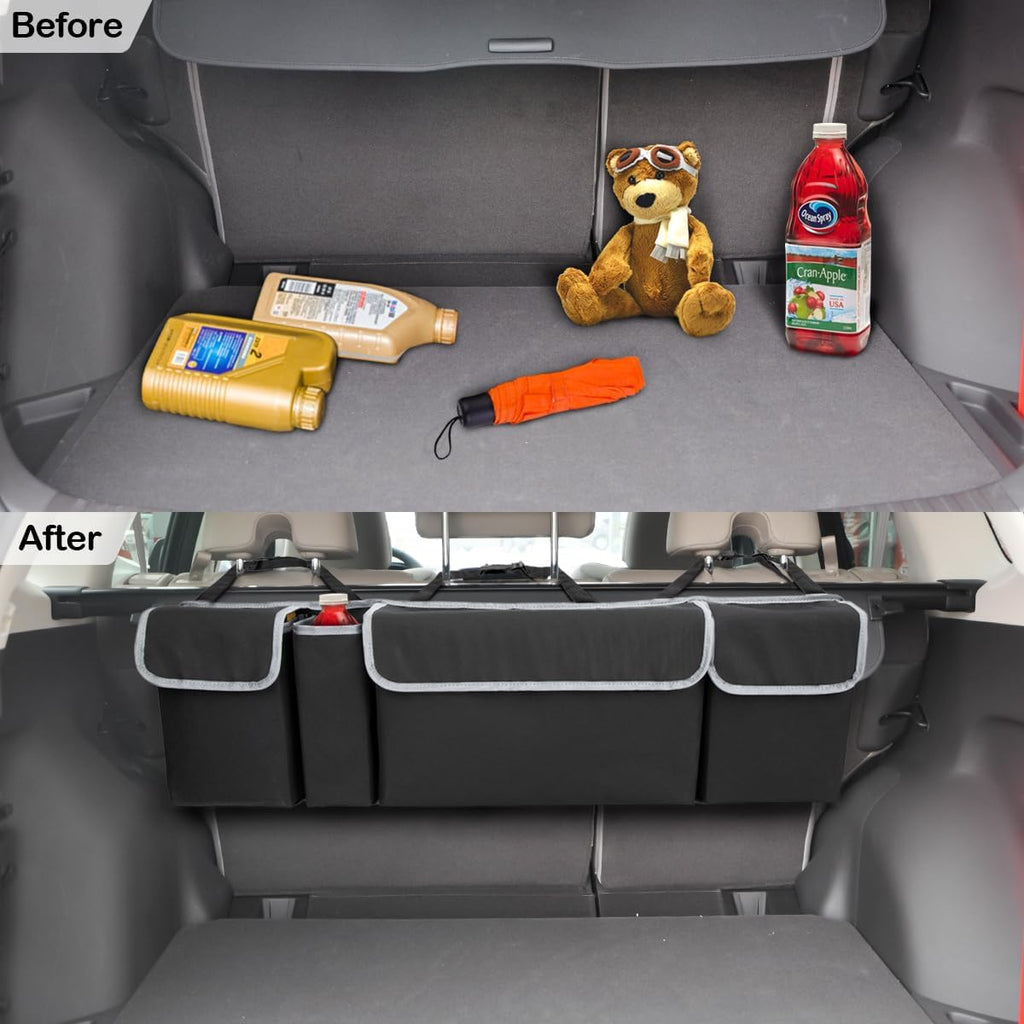 Car Trunk Organizer with Lid, Backseat Hanging Storage Bag with 4 Pockets & 3 Adjustable Straps, Waterproof PVC