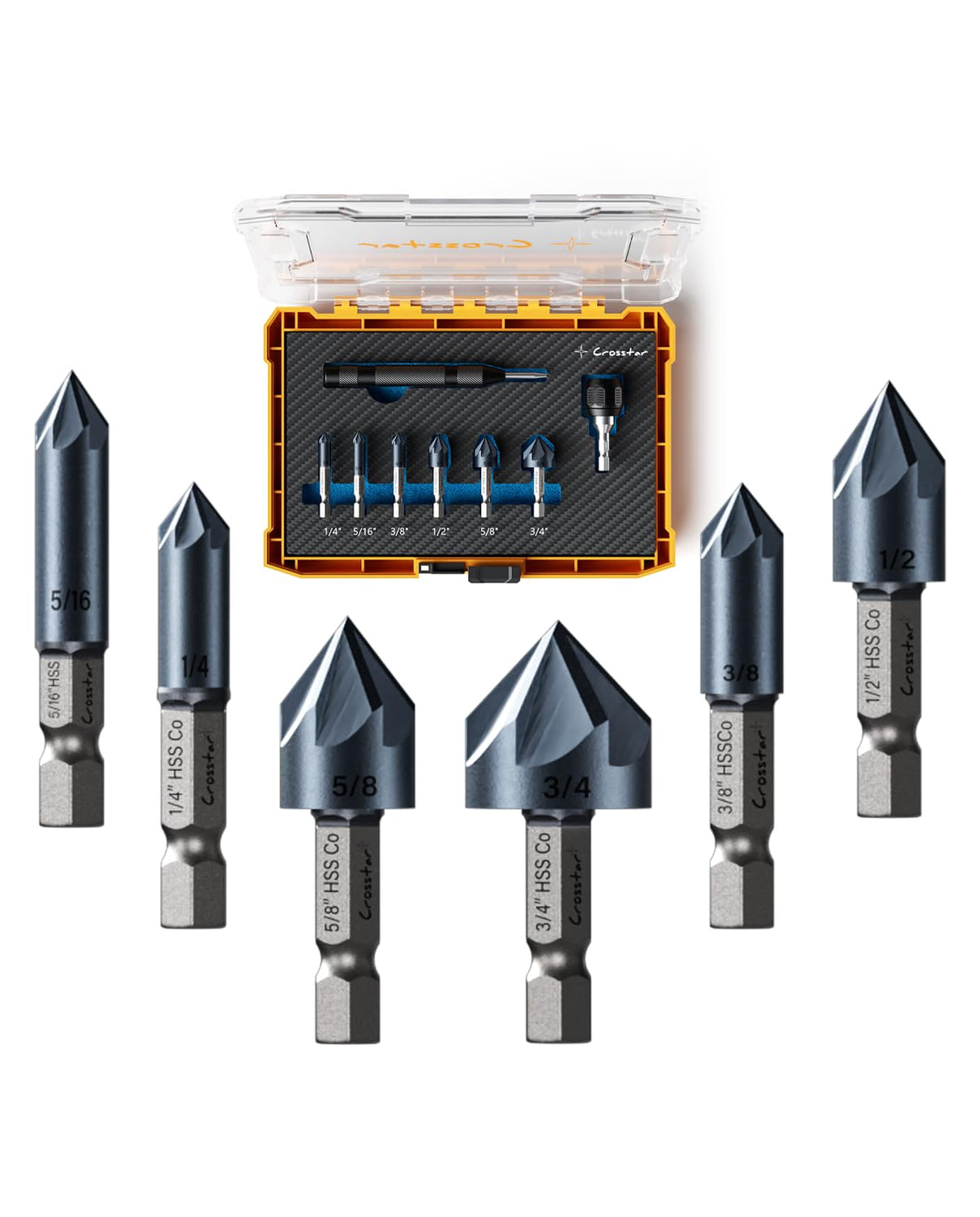 Crosstar 8Pcs Cobalt Countersink Drill Bit Set, 1/4"-3/4", 1/4" Hex Shank