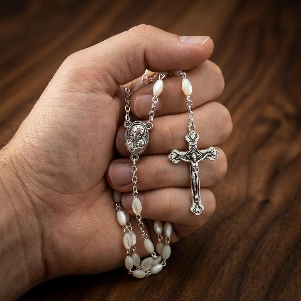 Nazareth Store Mother of Pearl Catholic Rosary Necklace with 6-7mm Nacre Beads Jerusalem Holy Soil Medal Oxidized