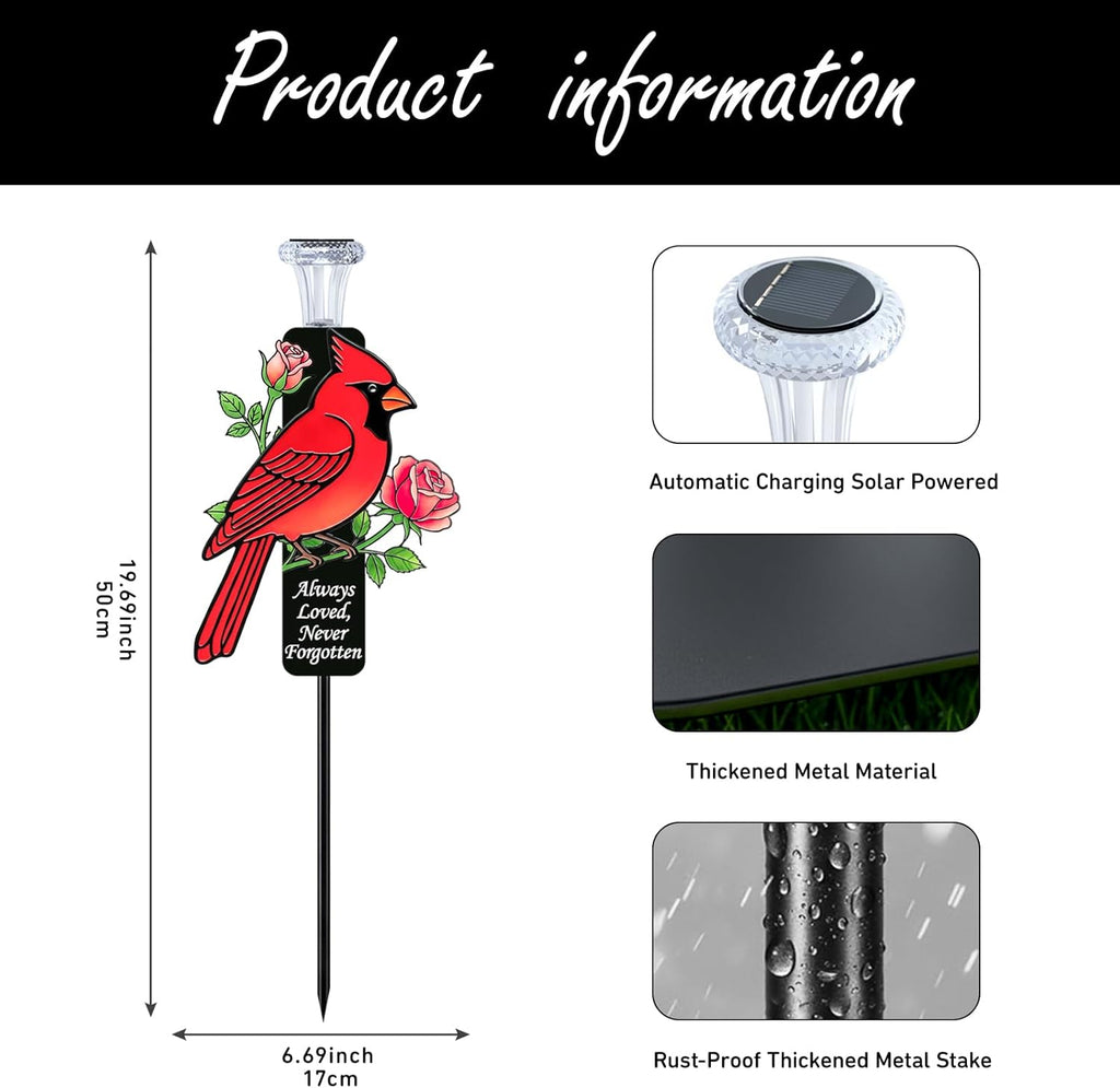 Solar Cardinal Memorial Stakes for Graves - Metal Cemetery Decorations with LED Light, Sympathy Gift for Loss of