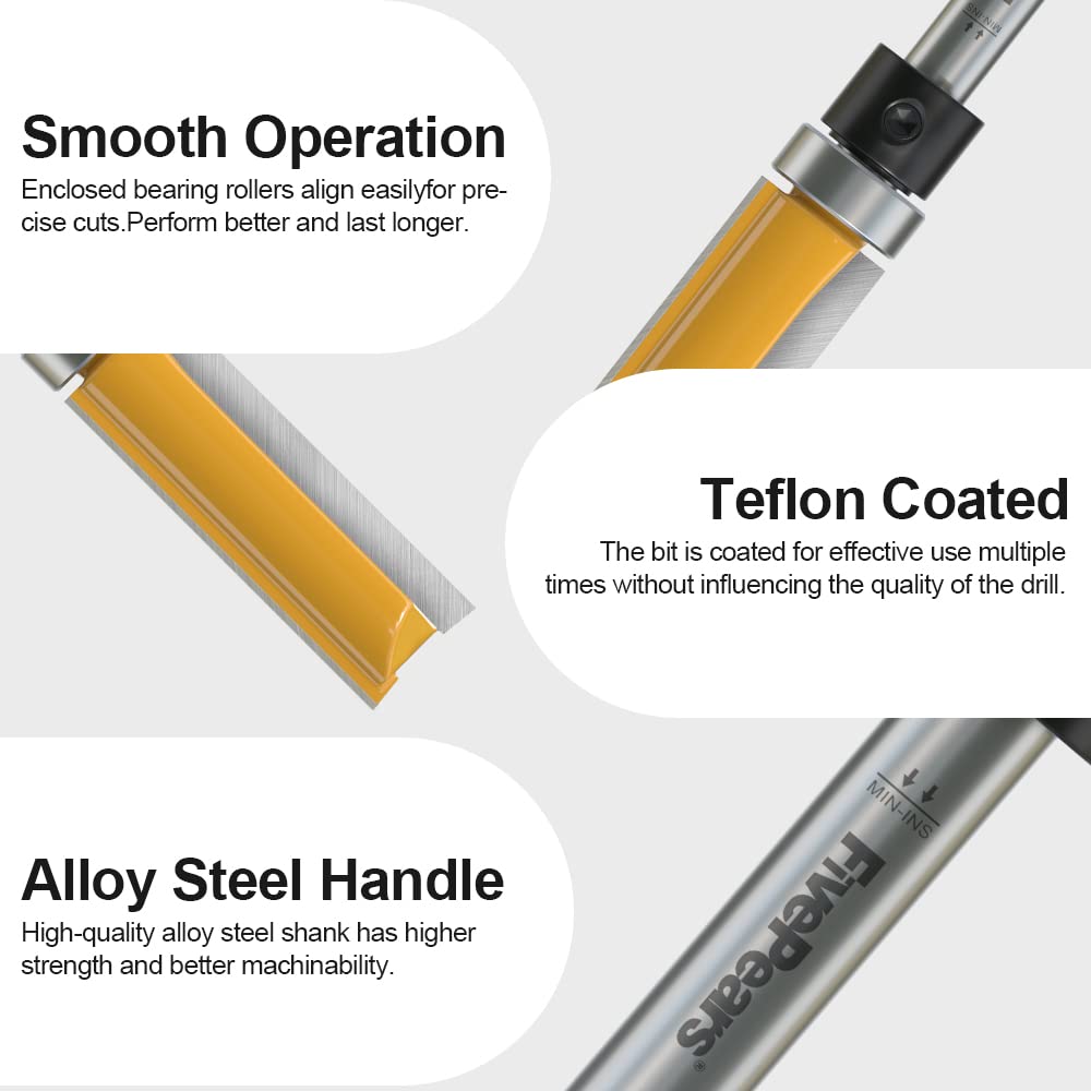 Pattern Flush Trim Router Bit 1/4 Inch Shank, 1/2 Inch Cutting Diameter, 1/2 Inch Cutting Length, Top Bearing Flush