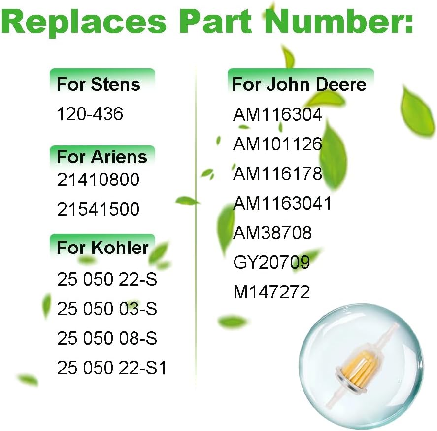 AM116304 25 050 22-S Gas Inline Fuel Filter Fit for John Deere Kohler 120-436 71-5960 120-436 GY20709 For 38666 149-2206-01 21541500 98021 1/4 Inch x 5/16 Inch Fuel Line (2 pcs)