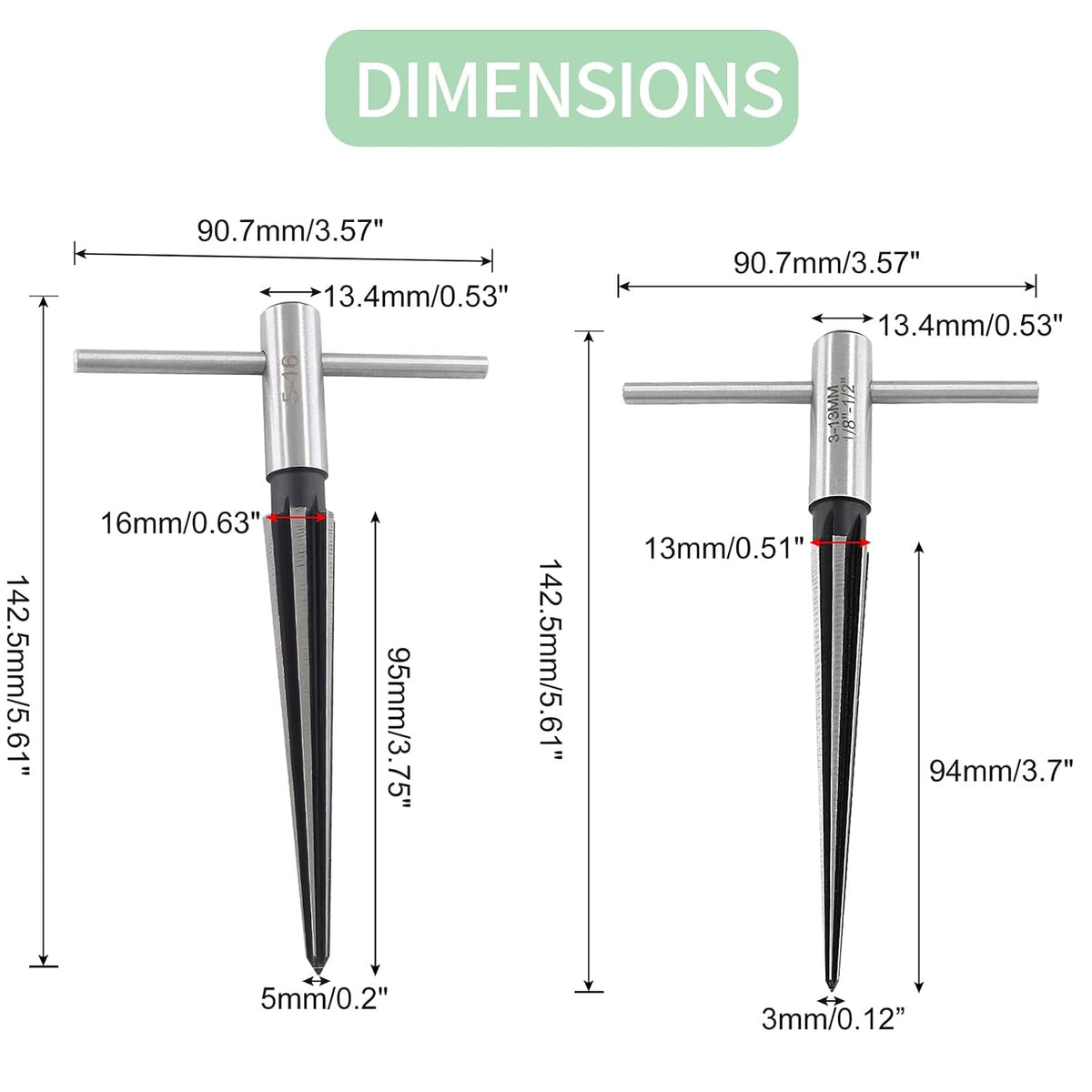 T Handle Tapered Reamer Set, 1/8"-1/2" & 3/16"-5/8", 2 Pieces
