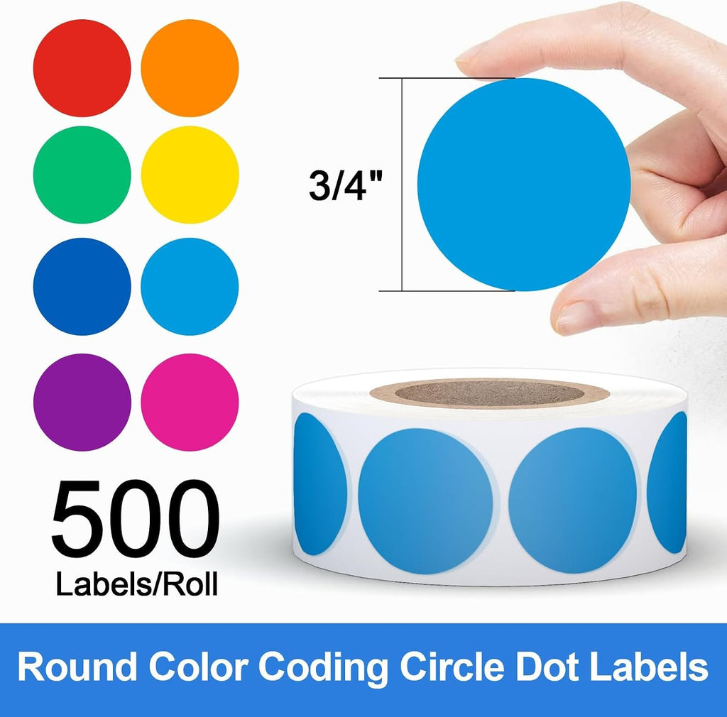 3/4" Round Color Coding Circle Dot Sticker Labels, 8 Rolls