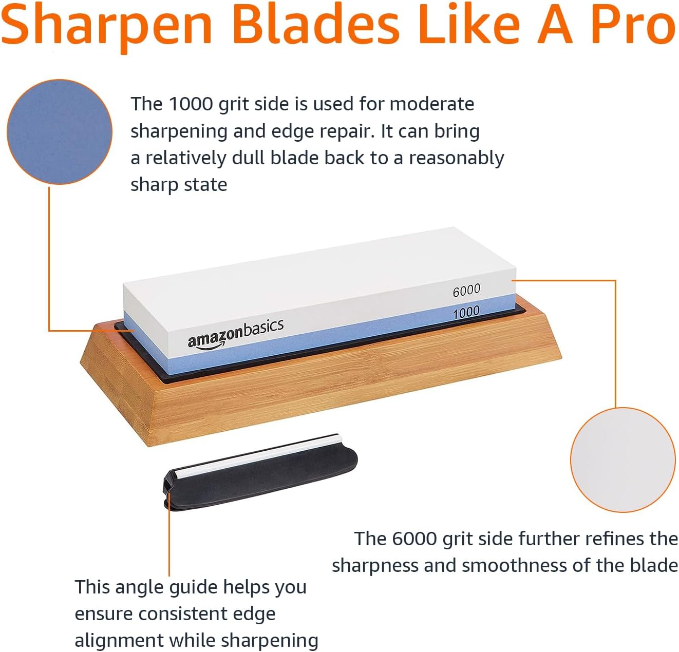Whetstone Knife Sharpening Stone, Double-Sided 1000/6000 Grit with Angle Guide, Non-Slip Bamboo Base, Black & Grey