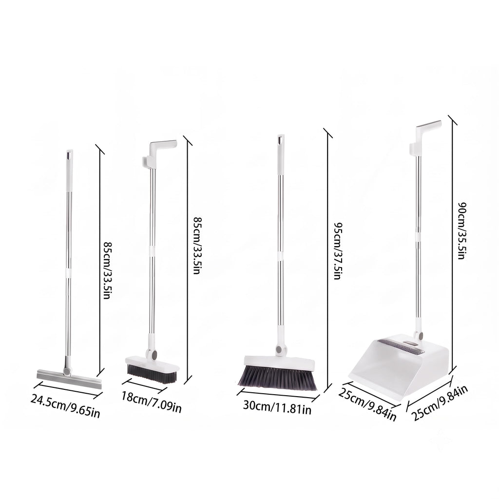 4-in-1 Broom and Dustpan Set, Long Handle Broom with Built-in Squeegee