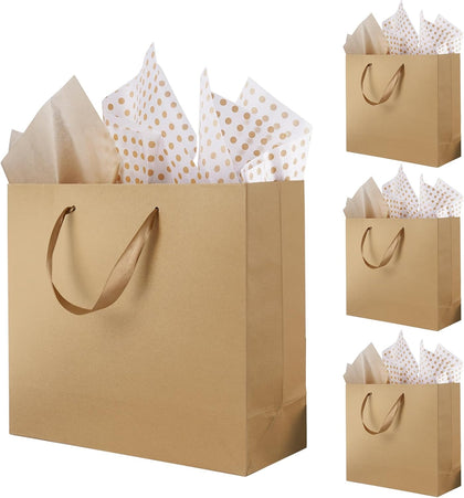 12.5" Large Brown Gift Bags for Presents with Tissue Paper & Ribbon Handles for Shopping, Small Business, Birthday