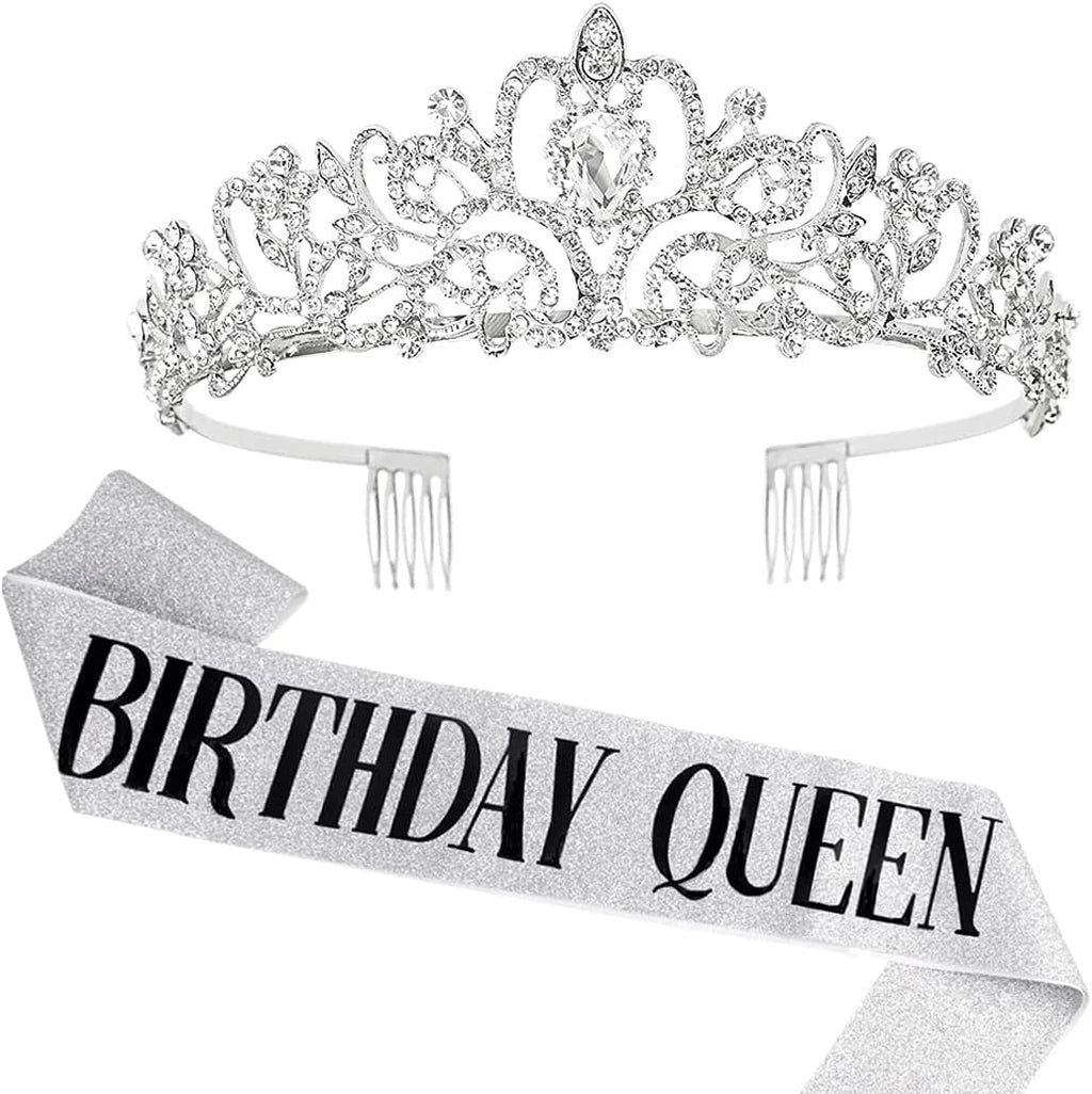 Silver Birthday Queen Sash for Women Tiara Crown Party Decorations | Happy Birthday Crowns for Adult Women, Party