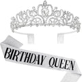 Silver Birthday Queen Sash for Women Tiara Crown Party Decorations | Happy Birthday Crowns for Adult Women, Party