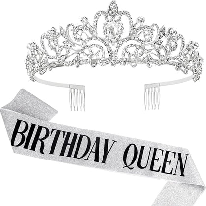 Silver Birthday Queen Sash for Women Tiara Crown Party Decorations | Happy Birthday Crowns for Adult Women, Party