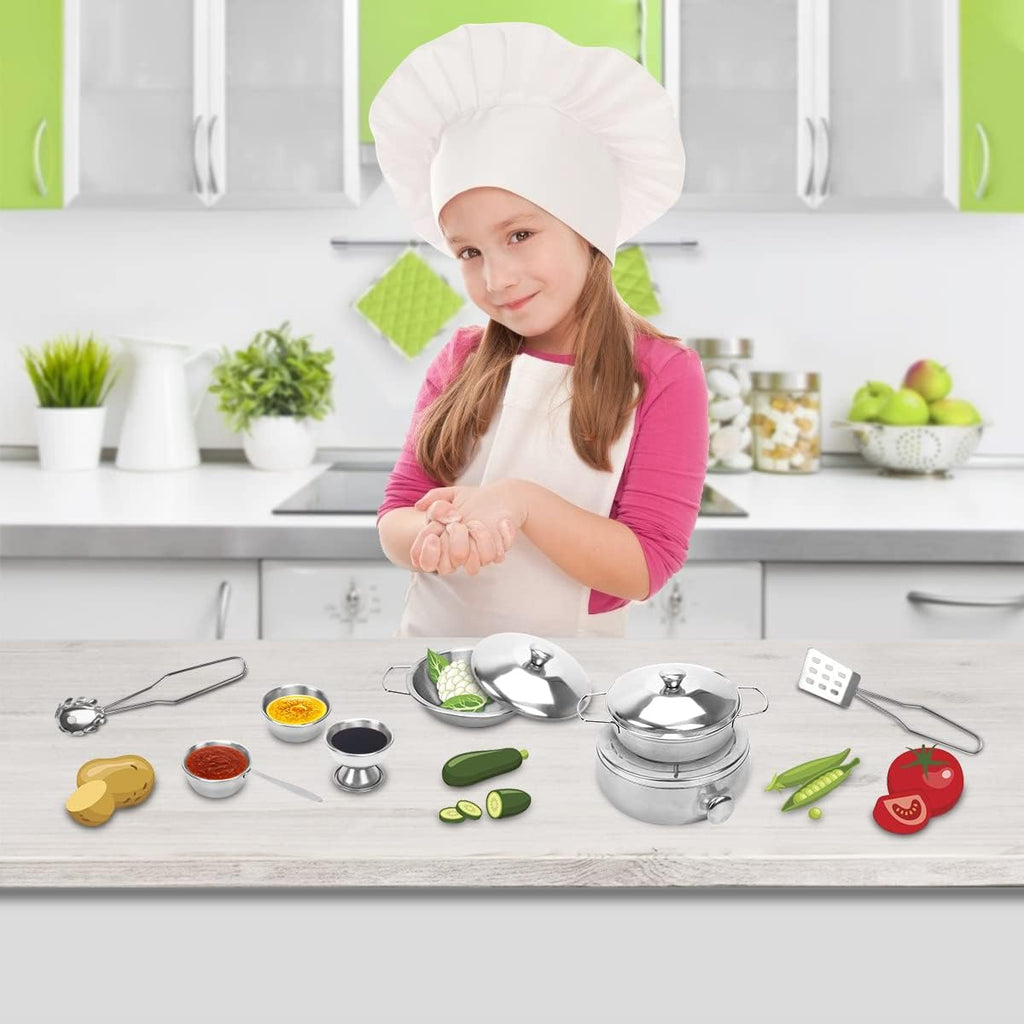 Kids Kitchen Pretend Play Toys, Cooking Toys Play Pots and Pans Set for Kids, 21pcs Small Stainless Steel Kitchen