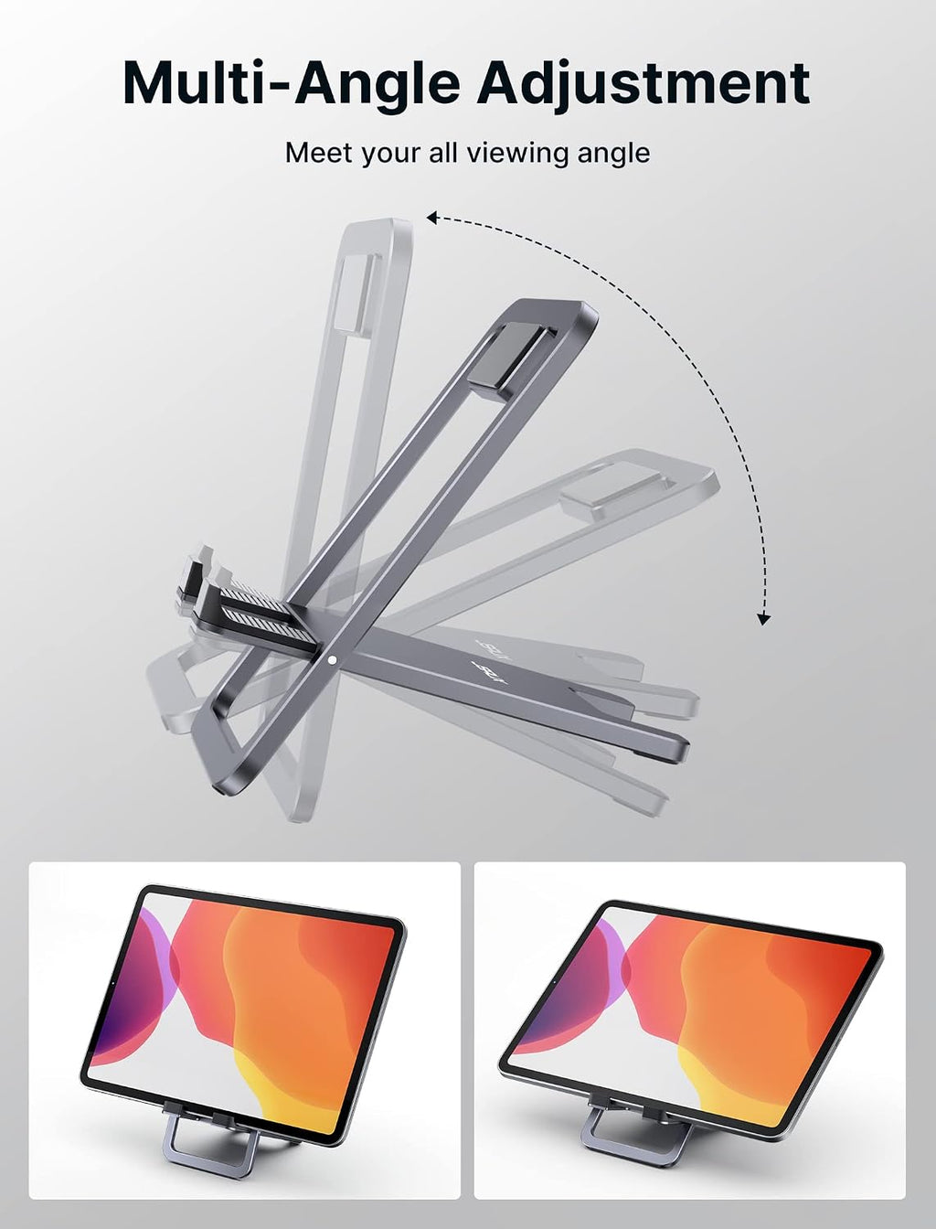 Universal Tablet Stand, Fold-Flat Adjustable Holder, Gray