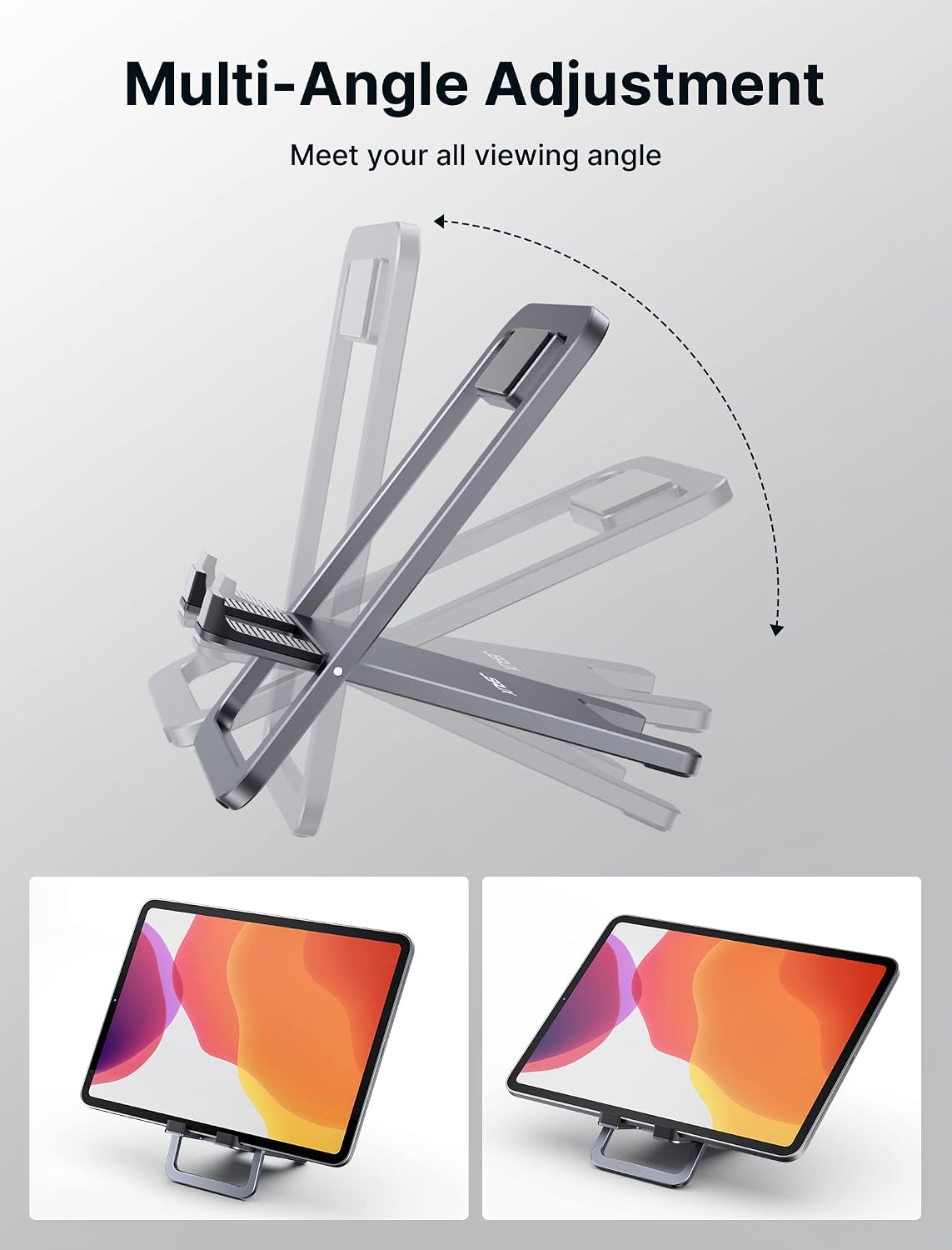 Universal Tablet Stand, Fold-Flat Adjustable Holder, Gray