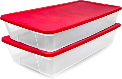 2-Pack Holiday Tote, Clear Plastic Storage Organizer Bins with Lids, 41 Quart, Red - Stackable Organizing Containers