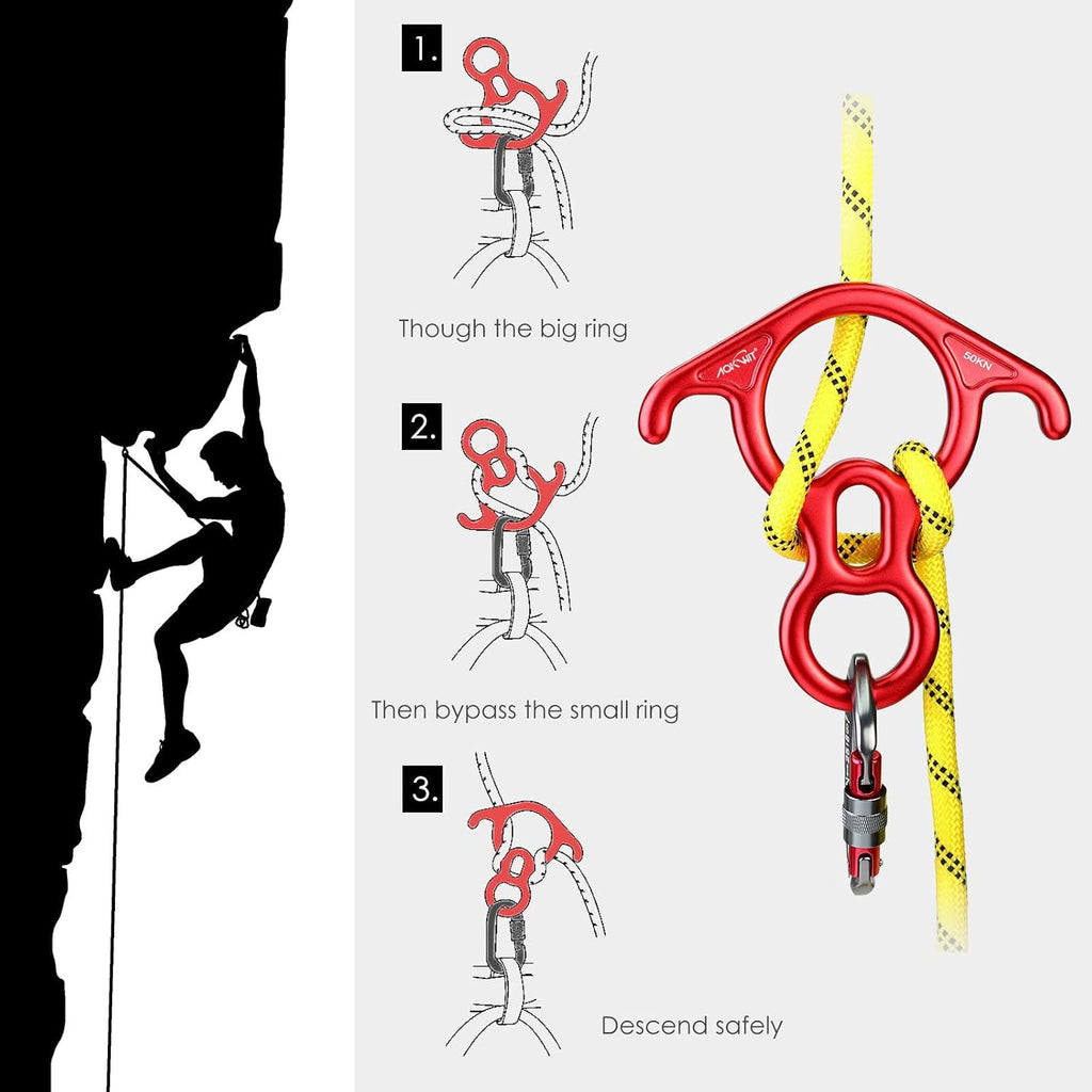 50KN Rescue Figure, 8 Descender Large Bent-Ear Belaying and Rappelling Gear Belay Device Climbing for Rock Climbing
