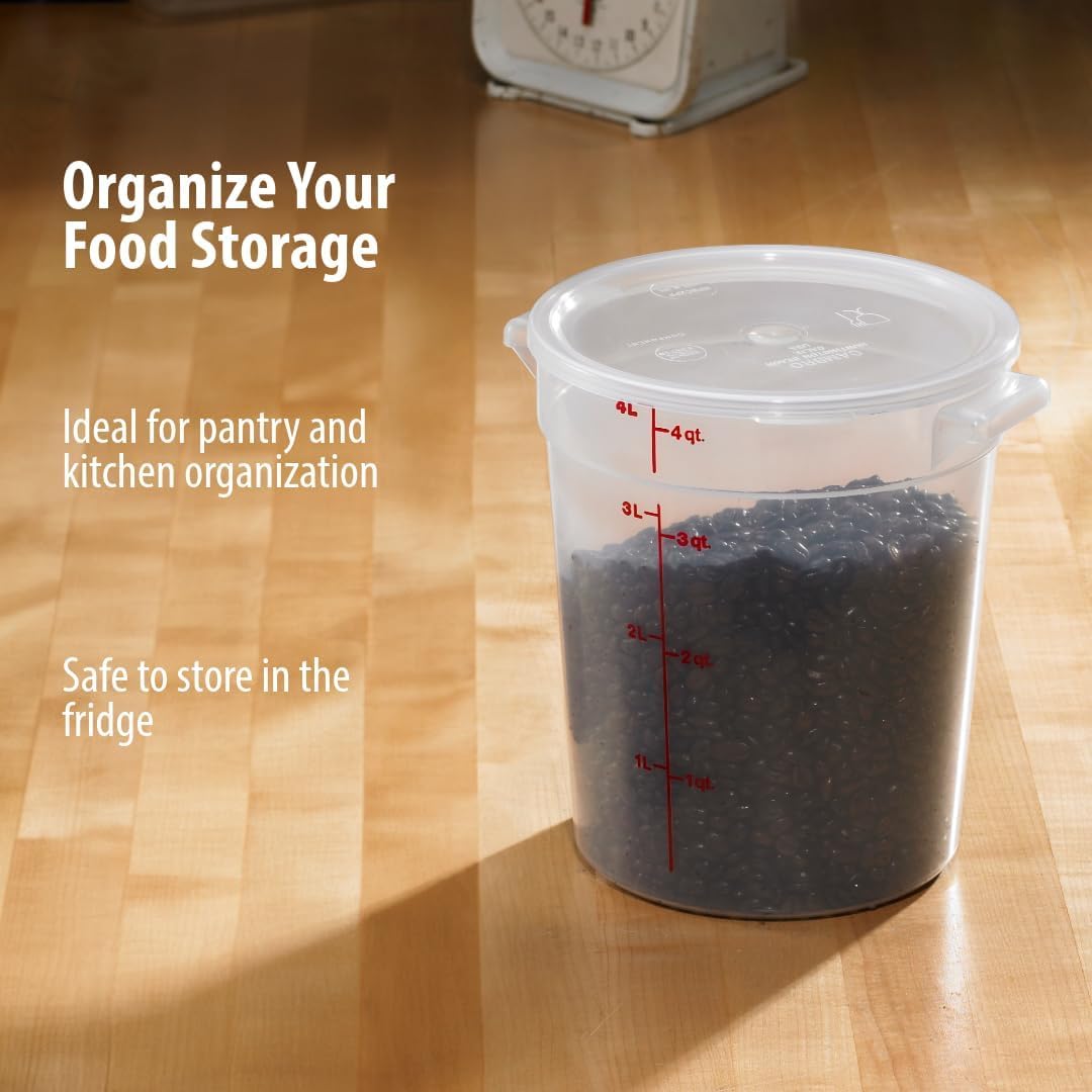 Cambro 4 Quart Round Food Storage Container, Translucent, with a Translucent Lid, 2-Pack, Bundle with a Measuring