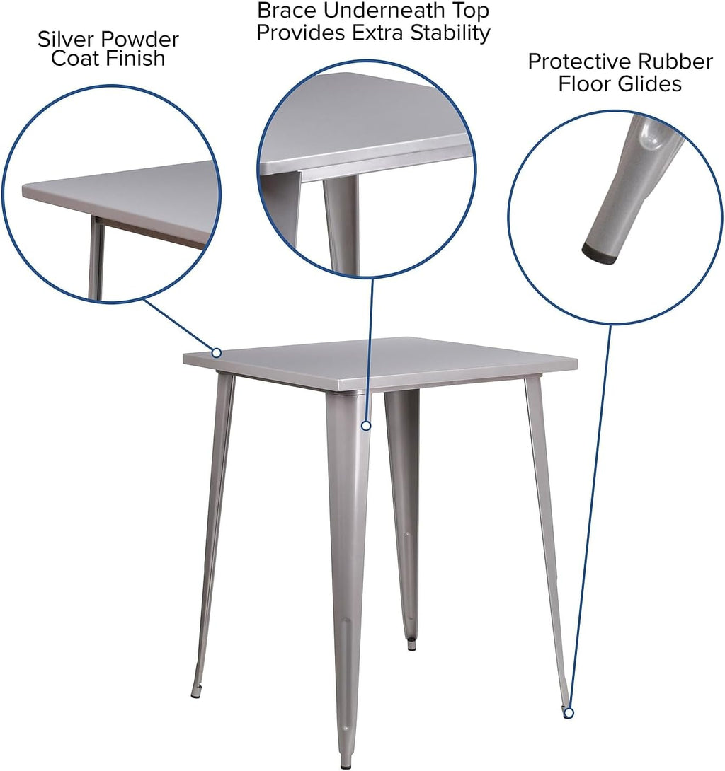 31.5 in Metal Indoor/Outdoor Square Table, Silver