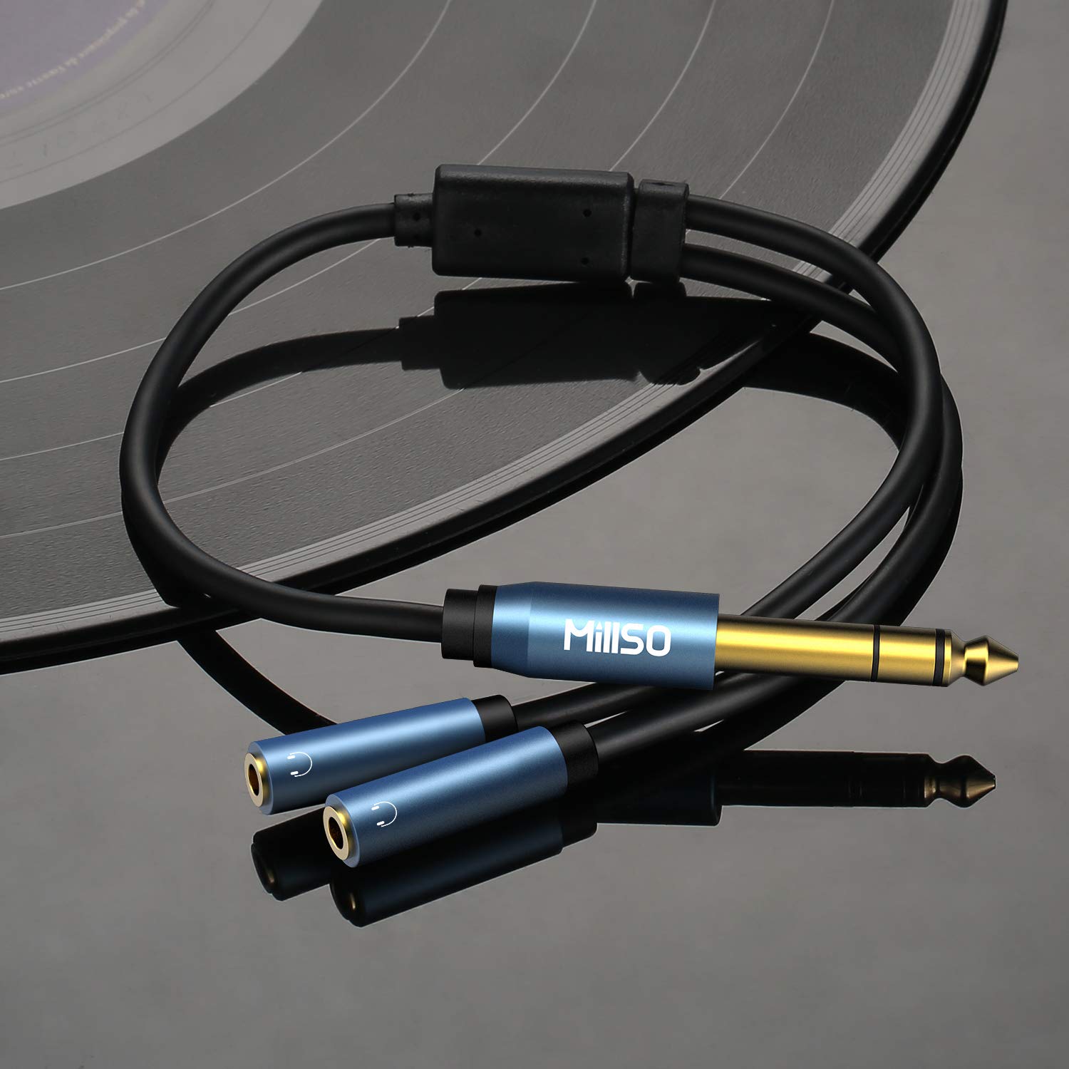 6.35mm 1/4 Male to Dual 3.5mm 1/8 Female Headphone Adapter 12 inch | Sapphire Blue, Gold-Plated, 6.35mm TRS Stereo