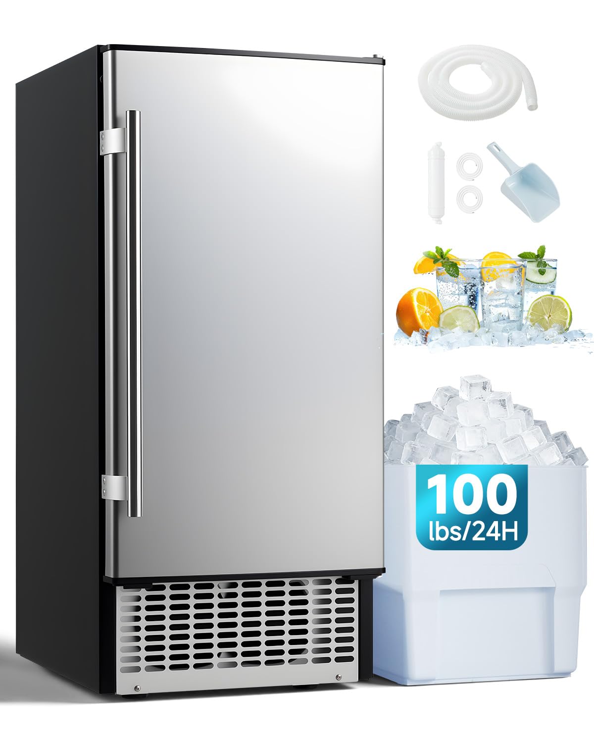 Commercial Undercounter Ice Maker, 100lbs/24H with 30lbs Storage Bin