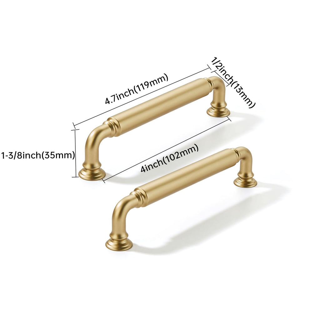 2 Pack 4 Inch Hole Center Brushed Gold Cabinet pulls Heavy-Duty Solid Matte Satin Gold Cabinet Handle Hardware