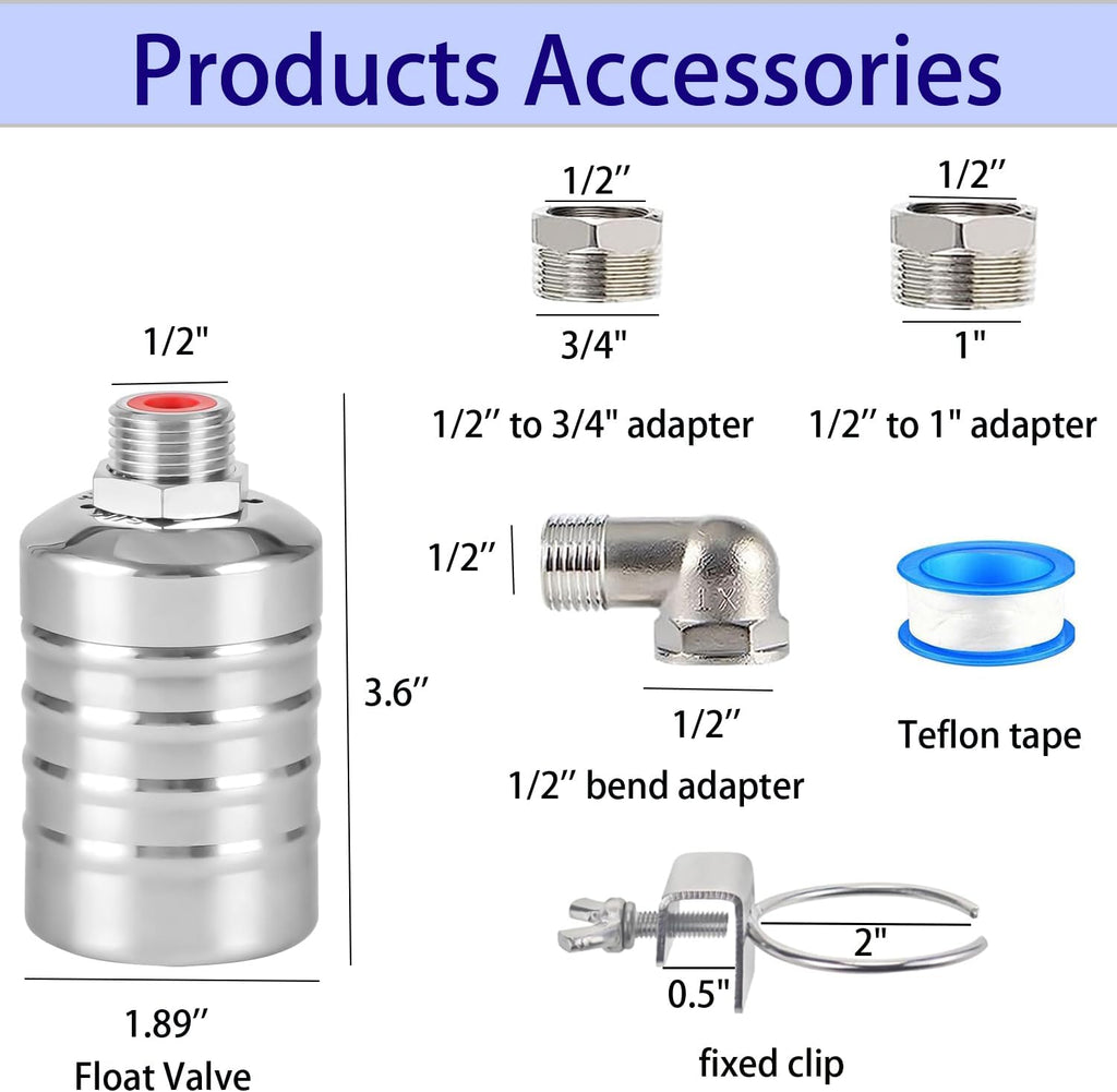 Upgraded Water Float Valve With 1/2" Bend and Adapters, 304 Stainless Steel Automatic Waterline Controller for