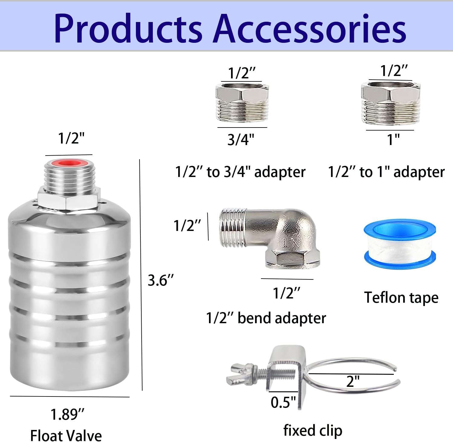 Upgraded Water Float Valve With 1/2" Bend and Adapters, 304 Stainless Steel Automatic Waterline Controller for