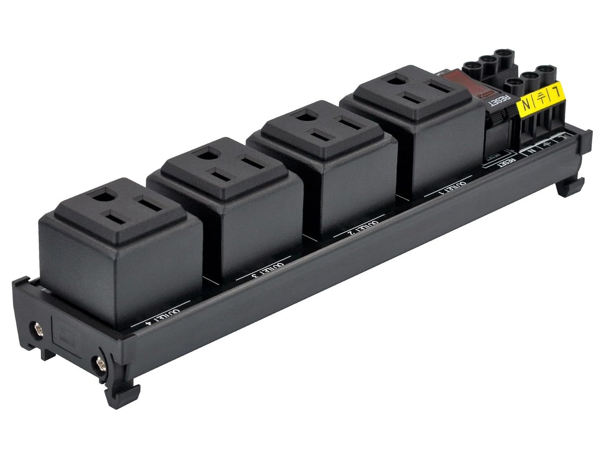 DIN Rail Mount AC 120V NEMA 5-15R 4 Receptacles Outlet Power Strip Module, with Rocker Switch Thermal Circuit Breaker Overload Protector
