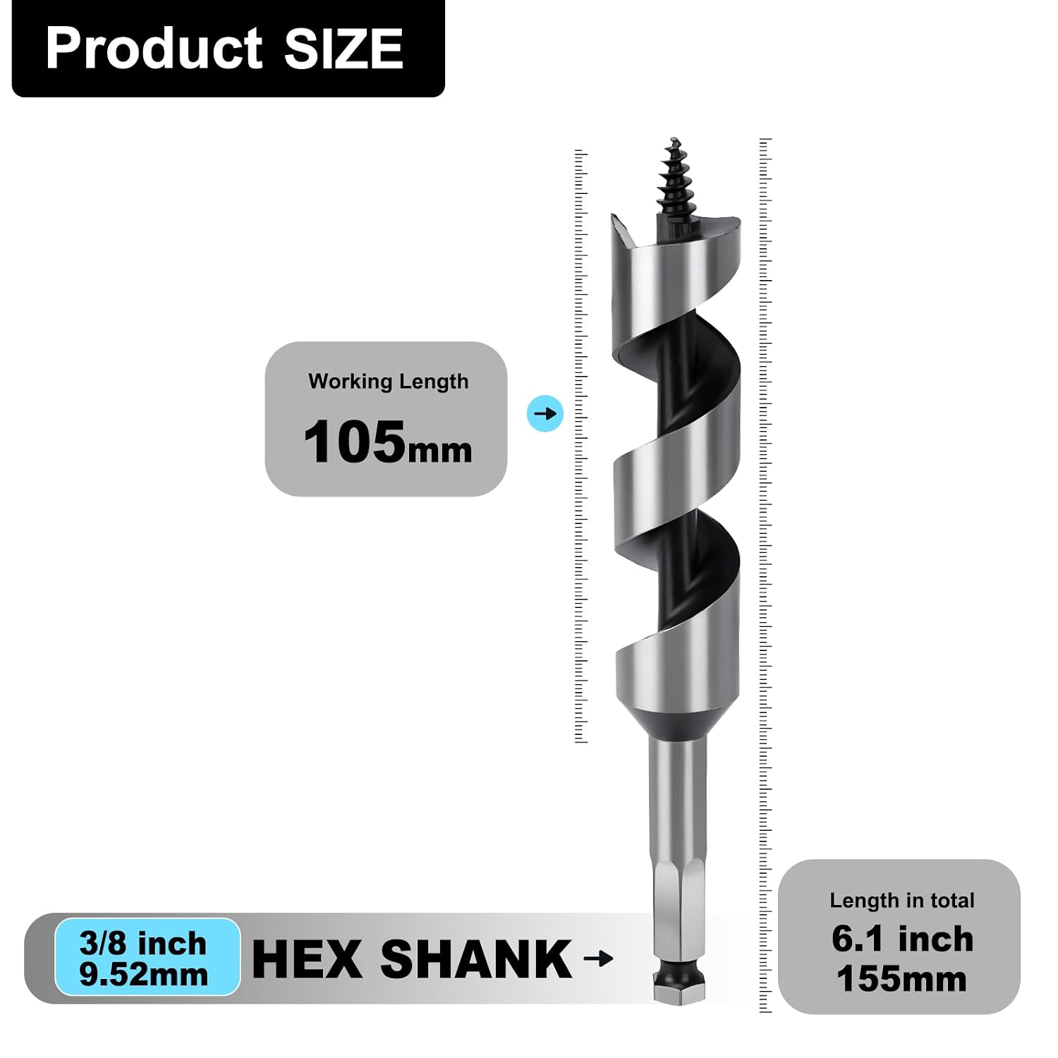 1-9/16" X 6.1" Auger Bit for Wood, 40x155mm Hex Long Auger Drill Bit | 3/8" Hex Shank