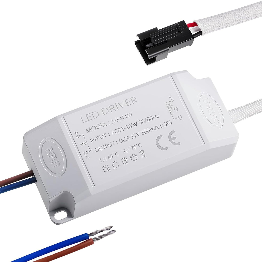 1-3W LED Driver, 3-12V DC LED Power Supply, 300mA, Black