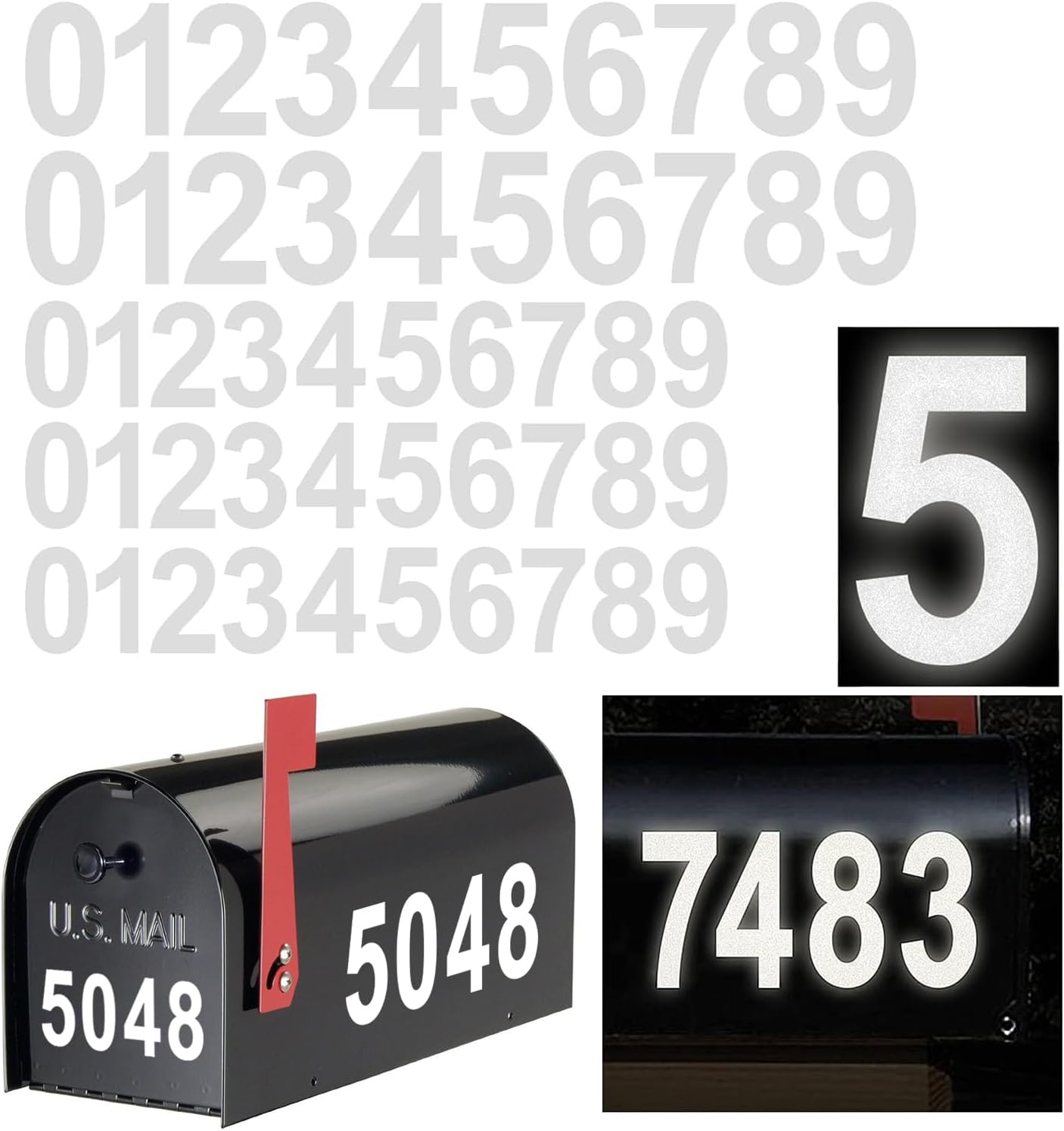 Reflective Mailbox Numbers Sticker Decal Waterproof Number Self Adhesive | 5 Sets (3" x 3 Sets , 4" x 2 Sets) Die Cut