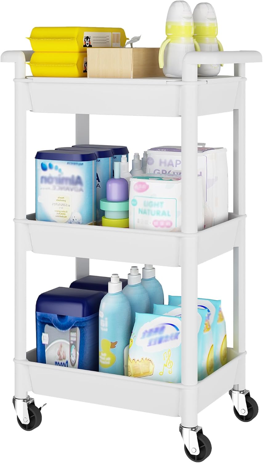 3-Tier Utility Rolling Cart with Cover Top Board, Mobile Utility Cart with Lockable Casters Multi-Functional Storage