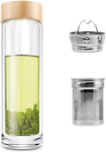 Tea Bottle, 14 oz, Borosilicate Glass, Double Wall, Infuser & Strainer, Bamboo Lid, 400ml