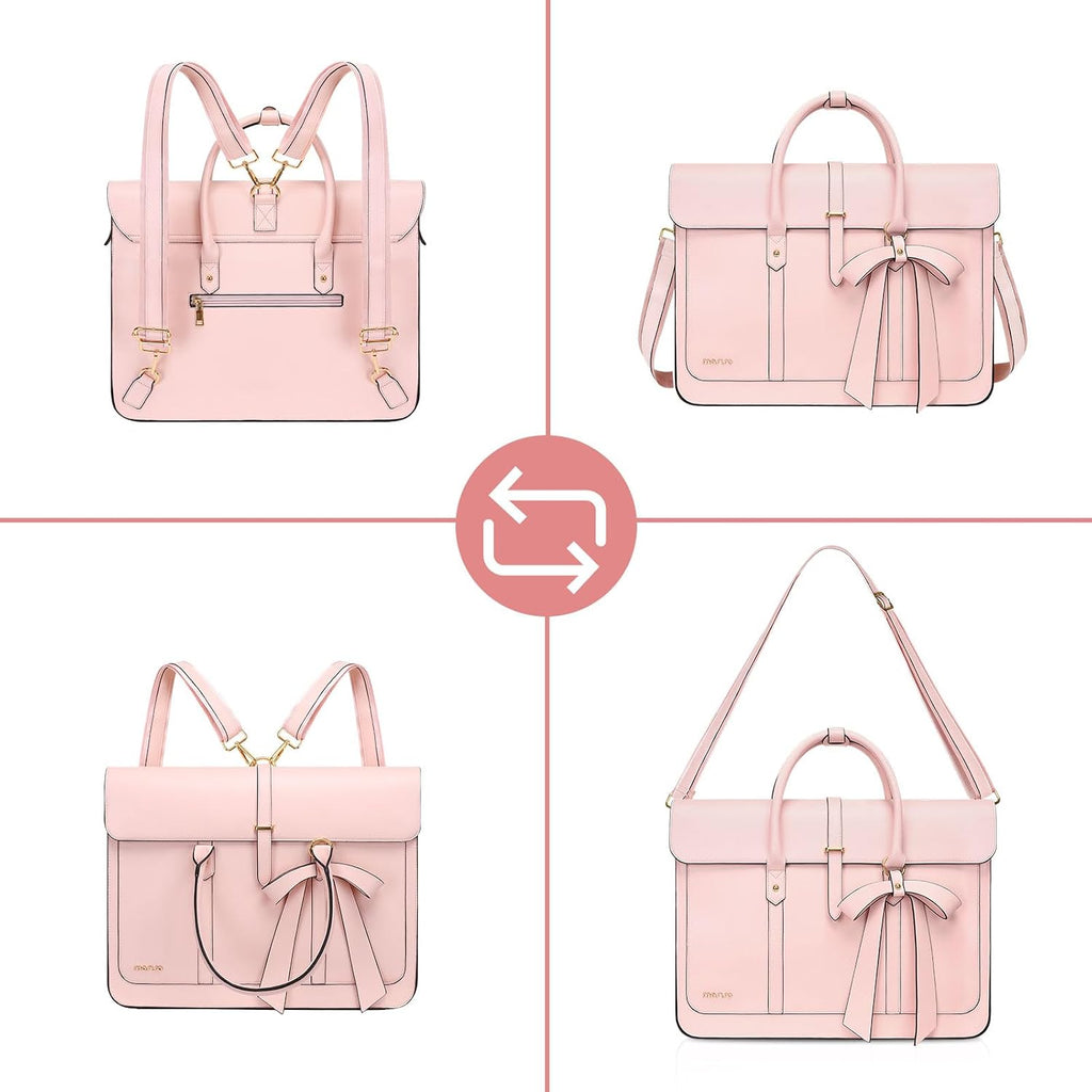 Laptop Bag for Women, PU Leather Laptop Shoulder Bags Convertible Backpack, Work Travel Computer Bag with Bowknot