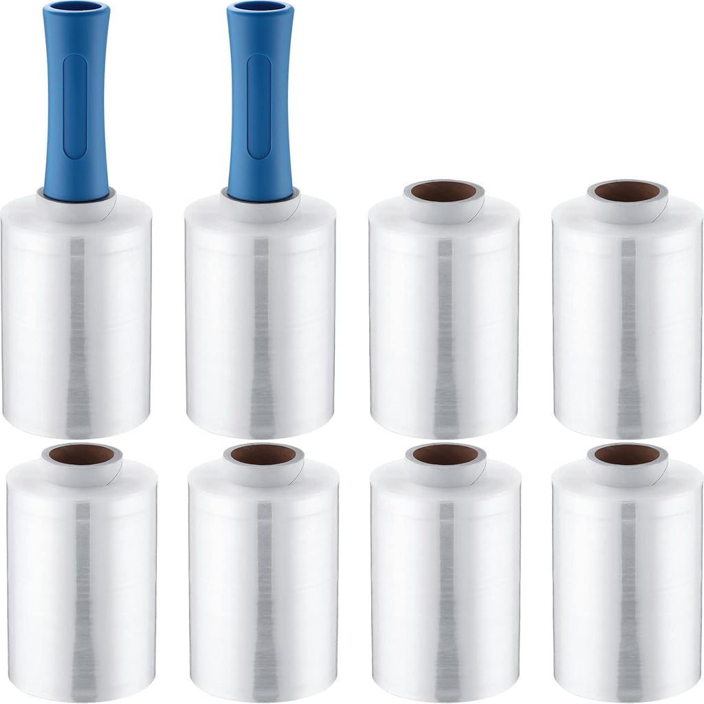 3 Pcs Mini Stretch Film Industrial Shrink Wrap Roll Plastic Film for Moving 2 Handles 5" x 1000 ft Pallet Wrap