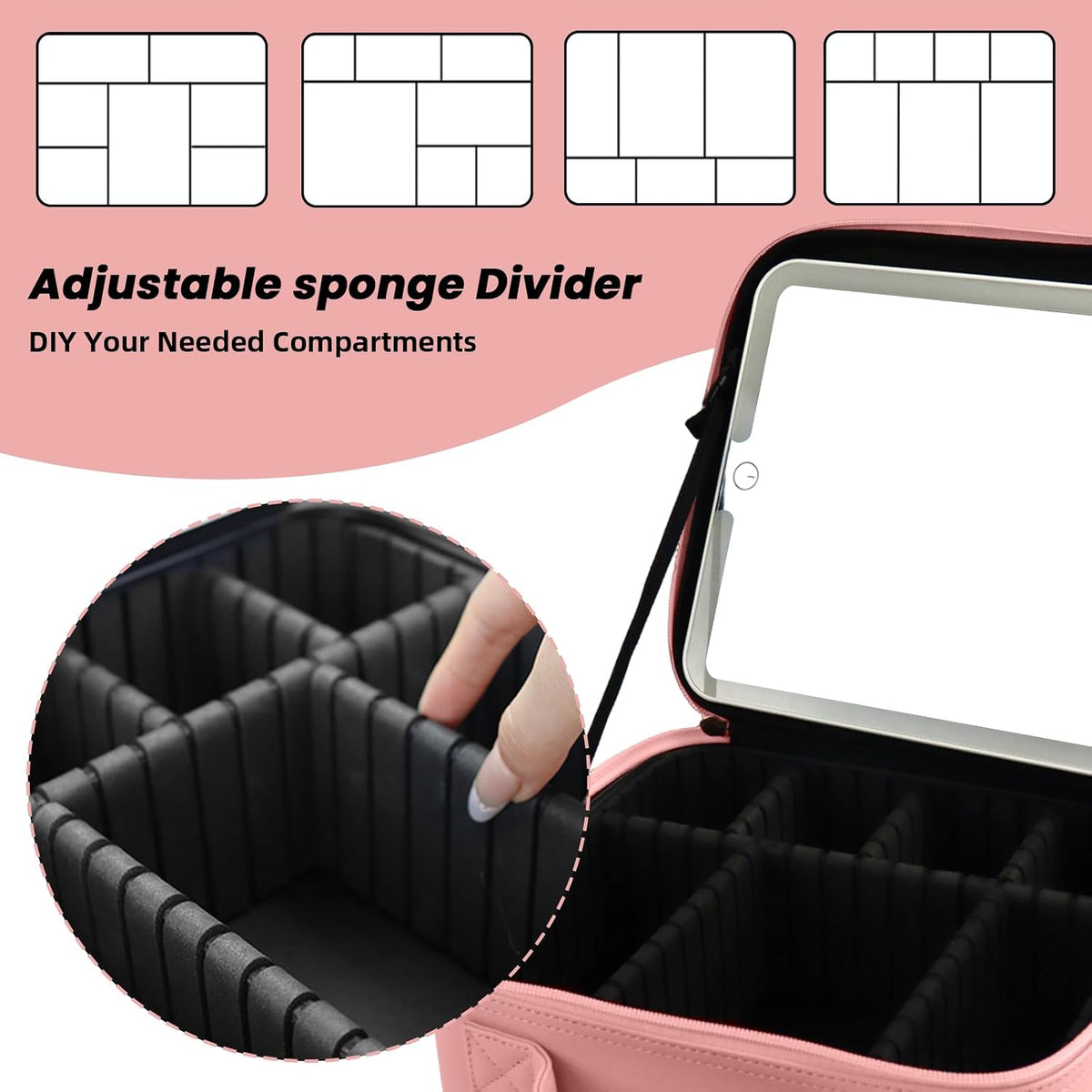 Makeup Bag with Mirror,Portability Cosmetic Case Portable Cosmetic Brush Organizer Bag with Adjustable Dividers,Gift