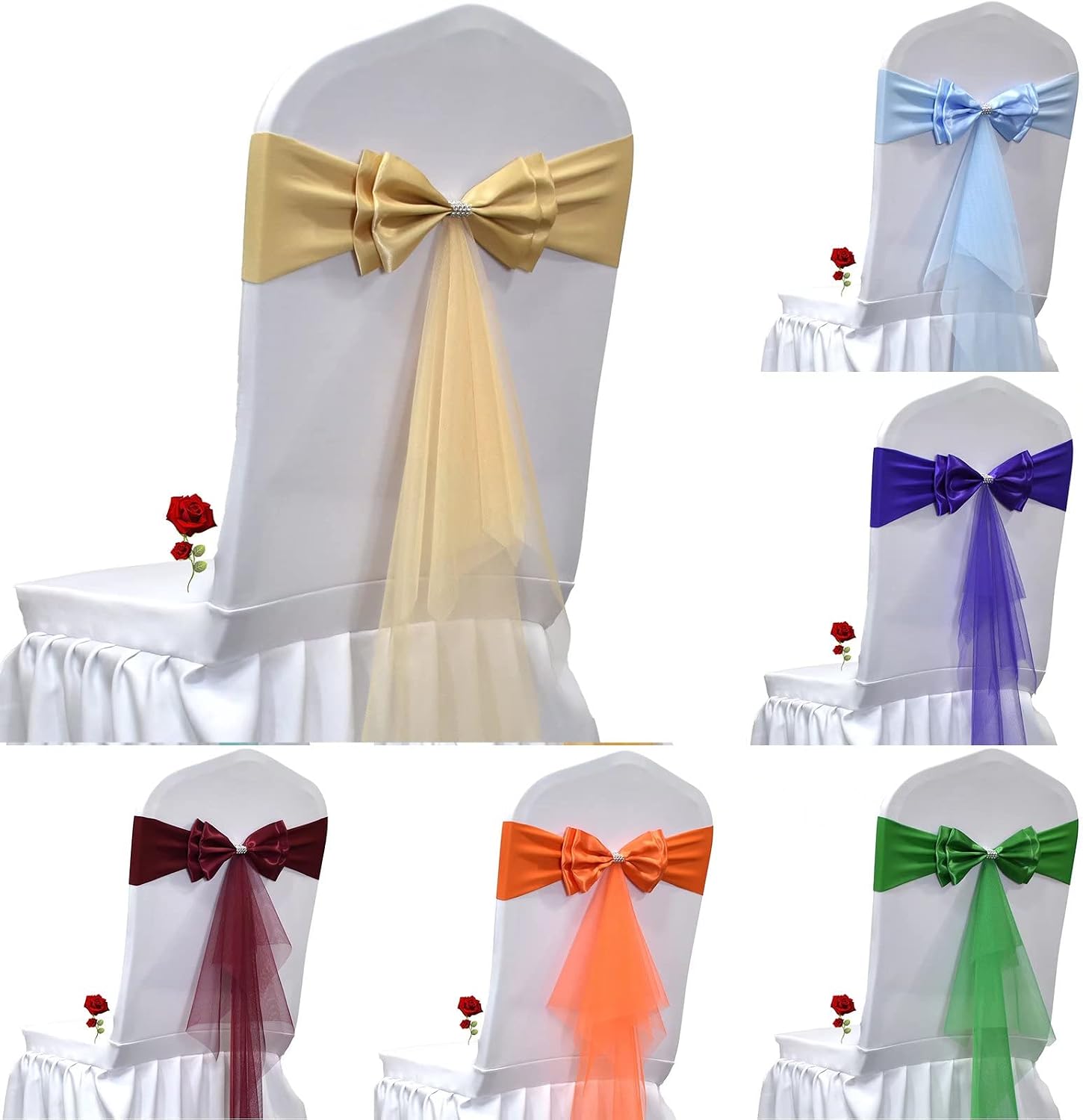 Pack of 20 Double Bows Organza Stretch Chair Sashes, for Wedding Party Chair Cover Decoration, Spandex Stretch Chairs