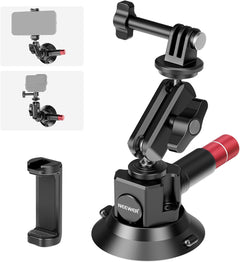 3" Suction Cup Camera Mount Bracket with Ball Head Magic Arm, 1/4" ARRI Holes, Quick Release Car Mount with Phone