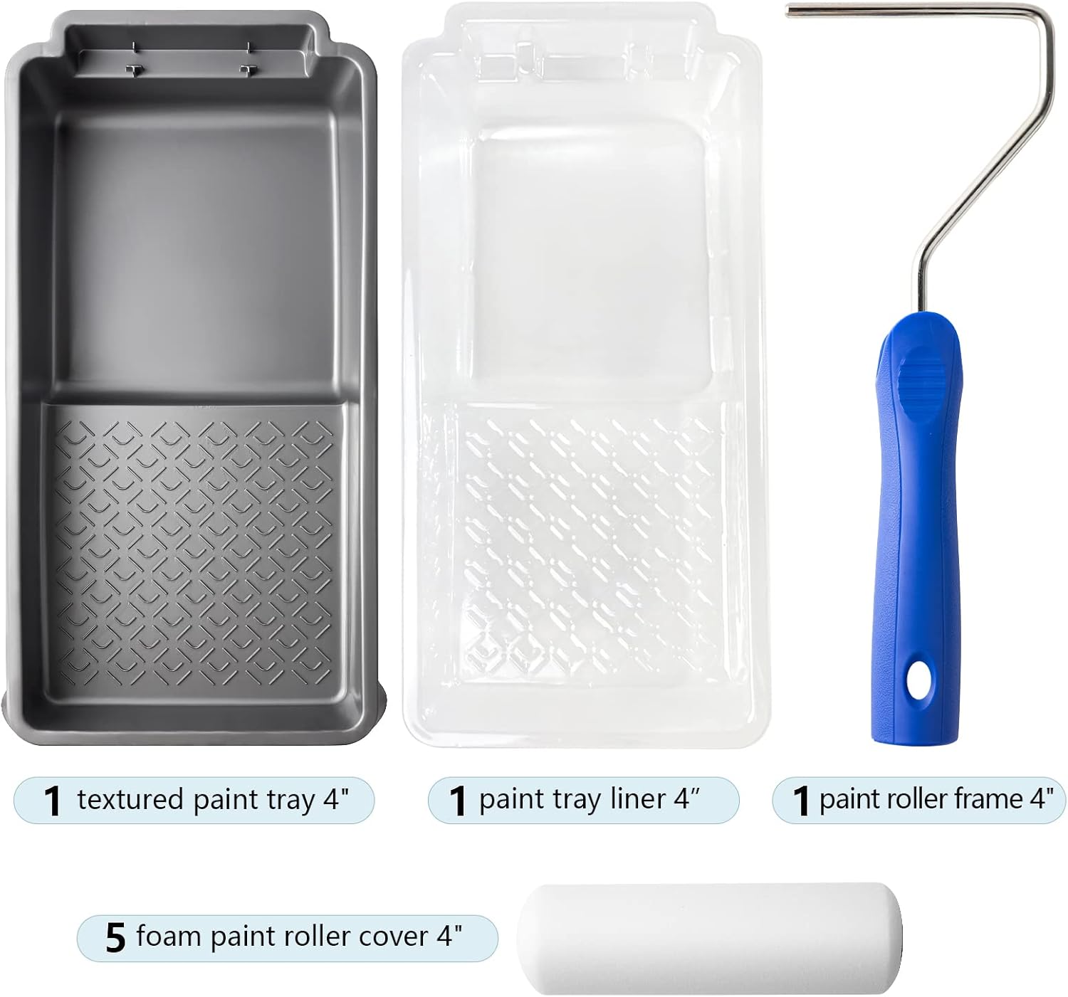 4 Inch Foam Paint Roller Kit, 8 Pack - Mini Roller Set with 4” Small Roller Covers, Frame, Tray & Liner for Smooth