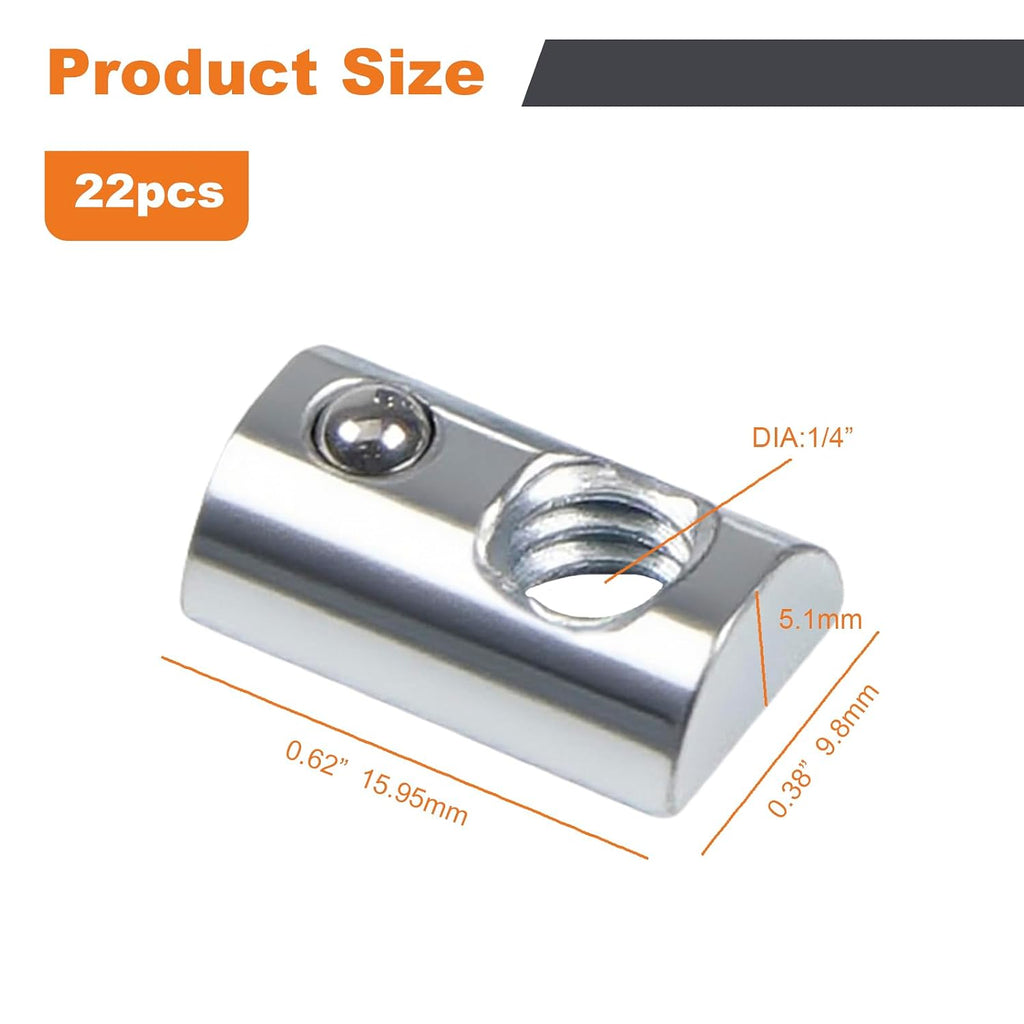 1/4"-20 Threaded Steel Roll in T-Nut with Ball Spring, 22PACK