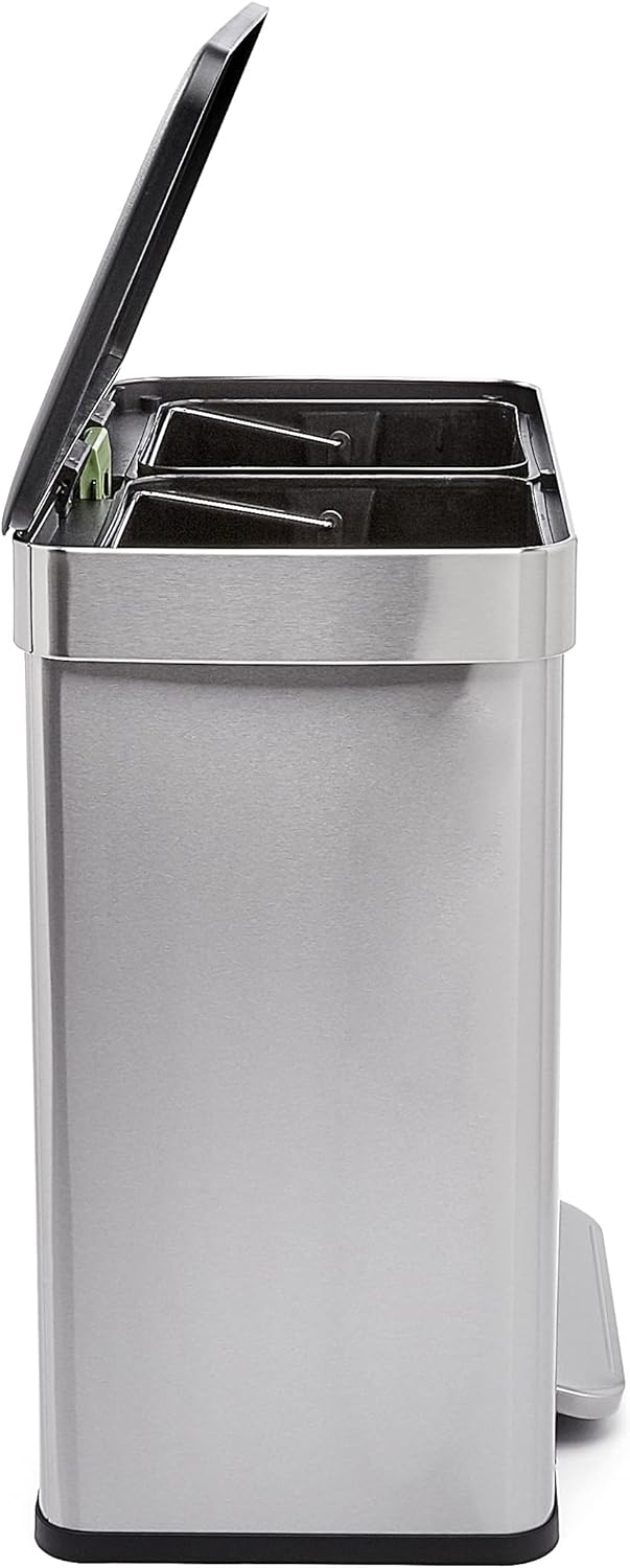 Dual Compartment Recycling Trash Can with Soft-Close Lid, Fingerprint Resistant, Removable Liner Buckets, 60 Liters