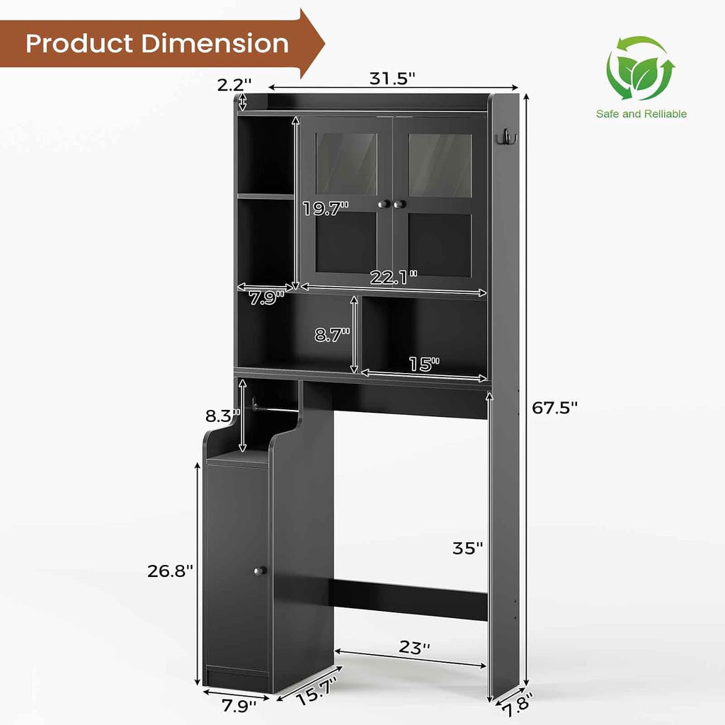 Over The Toilet Storage Cabinet, Over Toilet Bathroom Organizer with Glass Doors & Toilet Paper Holder Stand, Home