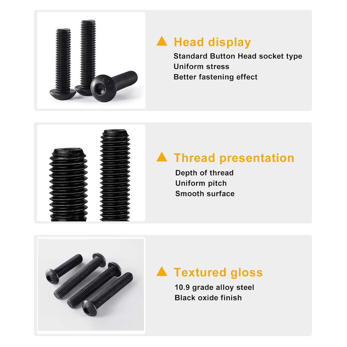 M12-1.75 x 20mm 6pcs Button Head Socket Cap Screws, M12 x 1.75 Bolts, 10.9 Grade Alloy Steel, Black Oxide Finish, Metric Allen Drive, Full Thread