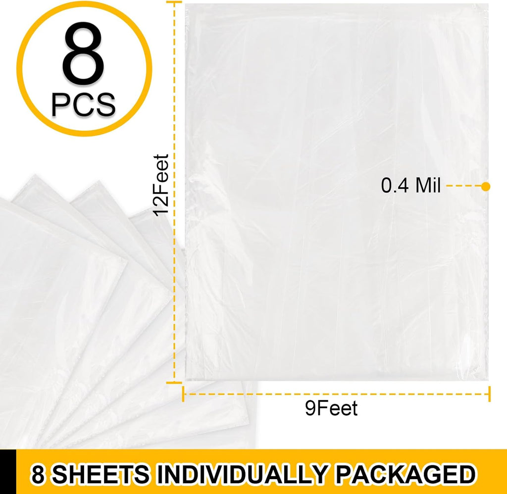 8 Pack Plastic Drop Cloth, 9x12 Ft Plastic Sheeting for Painting