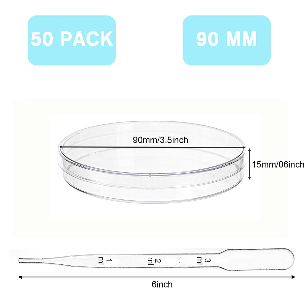 Petri Dishes with Lids, 50 Pack 90mm Dia x 15mm Deep Plastic Sterile Container, 50 Pack Plastic Transfer Pipettes(3ml)